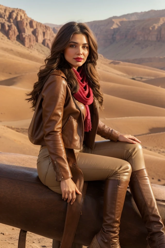 A portrait of an Armenian woman with warm, kind eyes and flowing, sunlit brown hair, showcasing her natural beauty complemented by soft makeup and red lipstick, adorned in a hazelnut tan leather jacket, fitted skinny trousers, leaning on riding boots, a pink scarf around her neck, a leather backpack casually resting by her side, captured from the waist up against the backdrop of the Armenian landscape, golden light,