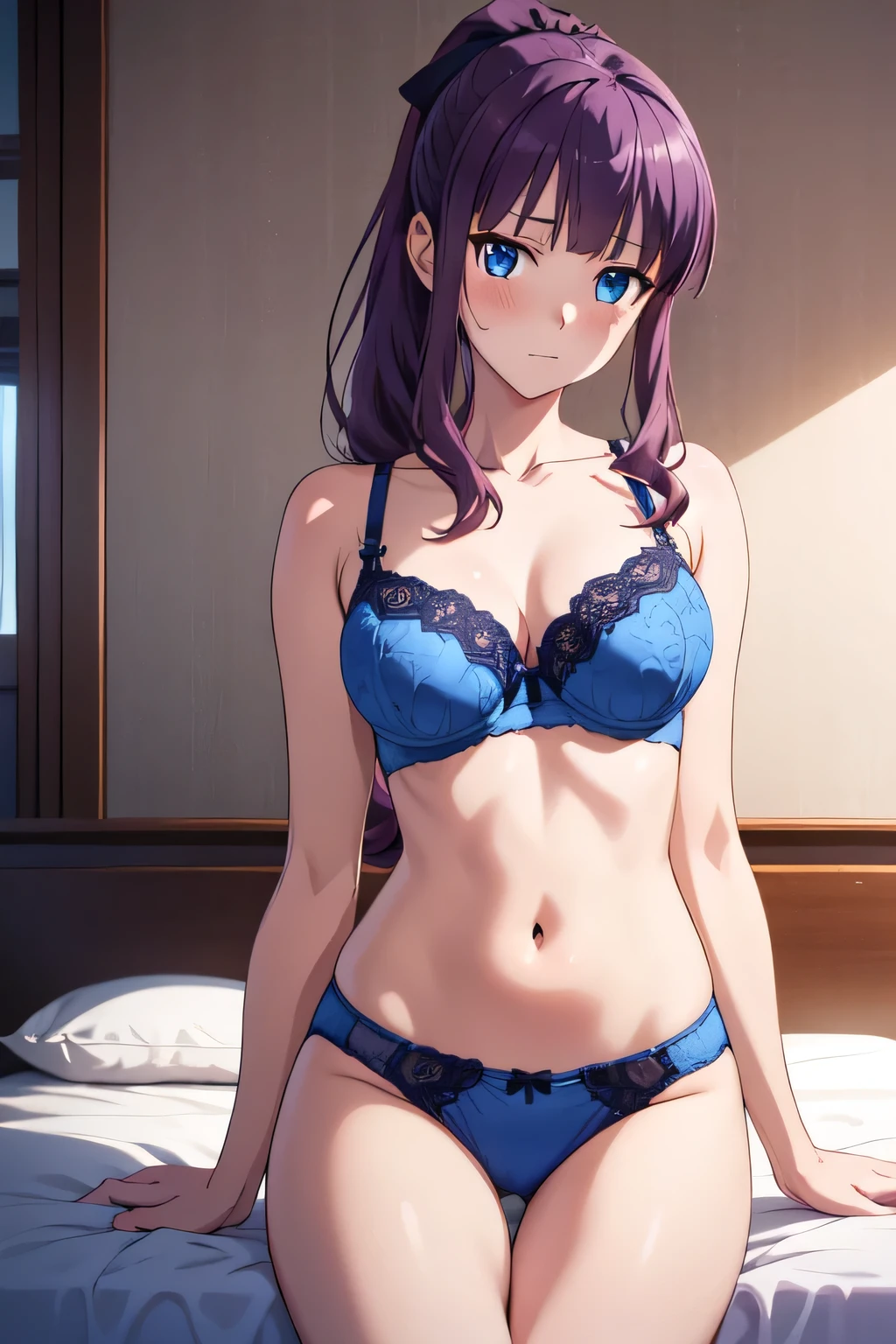 a highly detailed, extremely detailed, 8k, hyper-realistic portrait of takimoto hifumi, beautiful girl with long purple hair in a ponytail, blue eyes, embarrassed expression, sexy pose on a bed, look at the viewer, glowing effects, detailed blue bra and panties