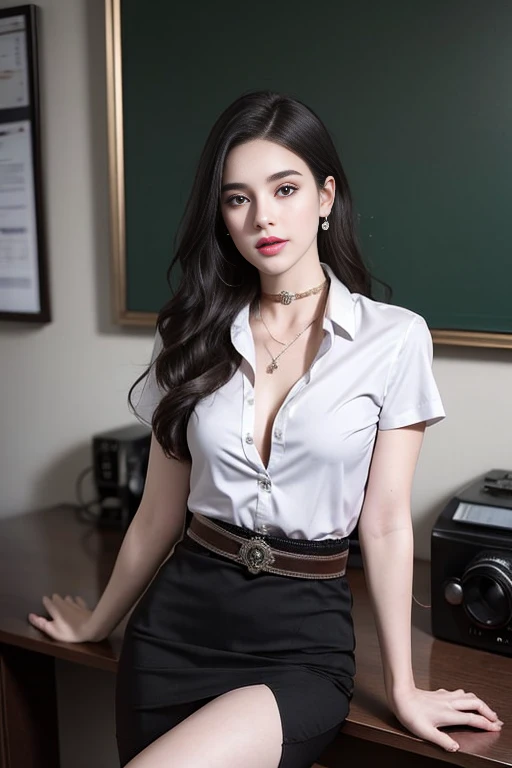 (Masterpiece, best quality, alone, Complicated details, Chromatic aberration), realistic, ((Moderate breath)), hair in one eye,purple eyes, earring, sharp eyes, Jeweled choker, (symmetrical eyes),(Perfect symmetrical body),Photo of a beautiful 24 year old girl, Beautiful and charming with contemporary fashion paintings as well....., looking at the audience, ((in the classroom background)), (1 Teen Girl),(black short skirt), (white short sleeve, Form fitting shirt., Unbuttoning the buttons, Revealing a little breast.Worn with a blue short-sleeved lab coat..), ((A short black pencil skirt with a deep slit on the side...)), sugar belt, ((Put your hands down.)),Copper blonde hair, Bob, round chin, Art lens 85mm, Sharp focus, High resolution 8K, Crazy details, complicated, elegant,sitting on the study table Lift one leg to eye level.., legs slightly apart., dynamic gesture, ((Dress in sharp clothing., .))