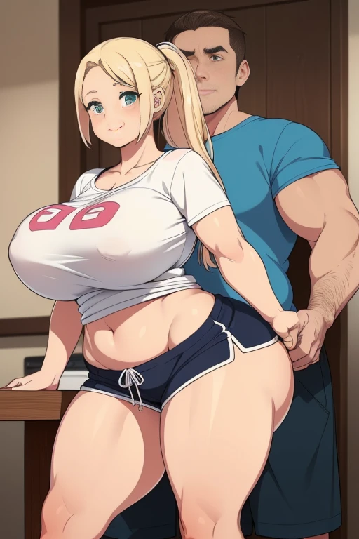 High resolution, (((two people in picture))), (one is a white girl, (((bimbo)hick, long blonde, ponytail, she is smiling , very big wide hips, thick thighs, hourglass figure, small round breast, ((searing dolphin shorts)), a table is in between her and viewer, she's bent over the table), (the other is a young muscular man, he's in shorts and a T-shirt, the man standing directly behind her, (((he's standing very close to her))), ((his hand is on her hip groping it)))