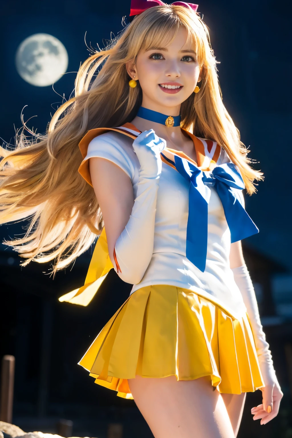 ((Tabletop:1.4, highest quality)), (Realistic photos:1.4),
((1 girl)), (Beautiful actress), (dream-like),
(超High resolution:1.2), Very delicate and beautiful, wonderful, Very detailedな CG Unity 8k 壁紙, Very detailed, High resolution,
Cinema Lighting, Perfect Anatomy, Slender body, (full body), Looking at the camera, Old-fashioned smile,
venus1, tiara, sailor senshi uniform, sailor venus,
blonde hair, magical girl, blue eyes, orange skirt, (elbow gloves), tiara, pleated skirt, hair bow, orange sailor collar,
miniskirt, choker, red bow, orange choker, white gloves, very long hair, jewelry, earrings,
(Very big moon)