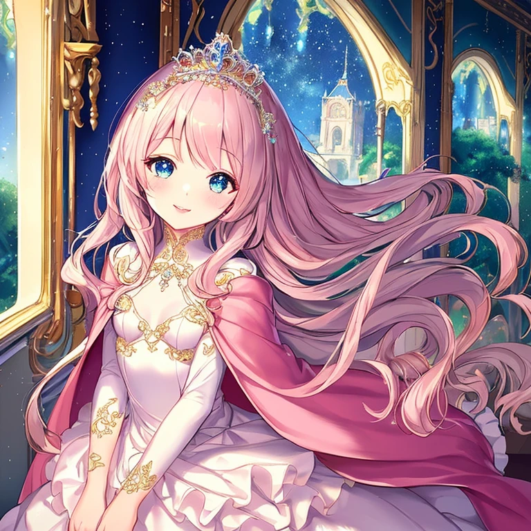 (kawaii),(best quality),(ultra detailed),(rococo style),(long train pastel pink cape:1.15), very long cape,(long train white ball gown with flower decorations:1.1), a girl is wearing a cape over her gown, 1 little princess, tiara, smile, very long hair, small breasts, beautiful detailed eyes, beautiful detailed lips, looking at viewer