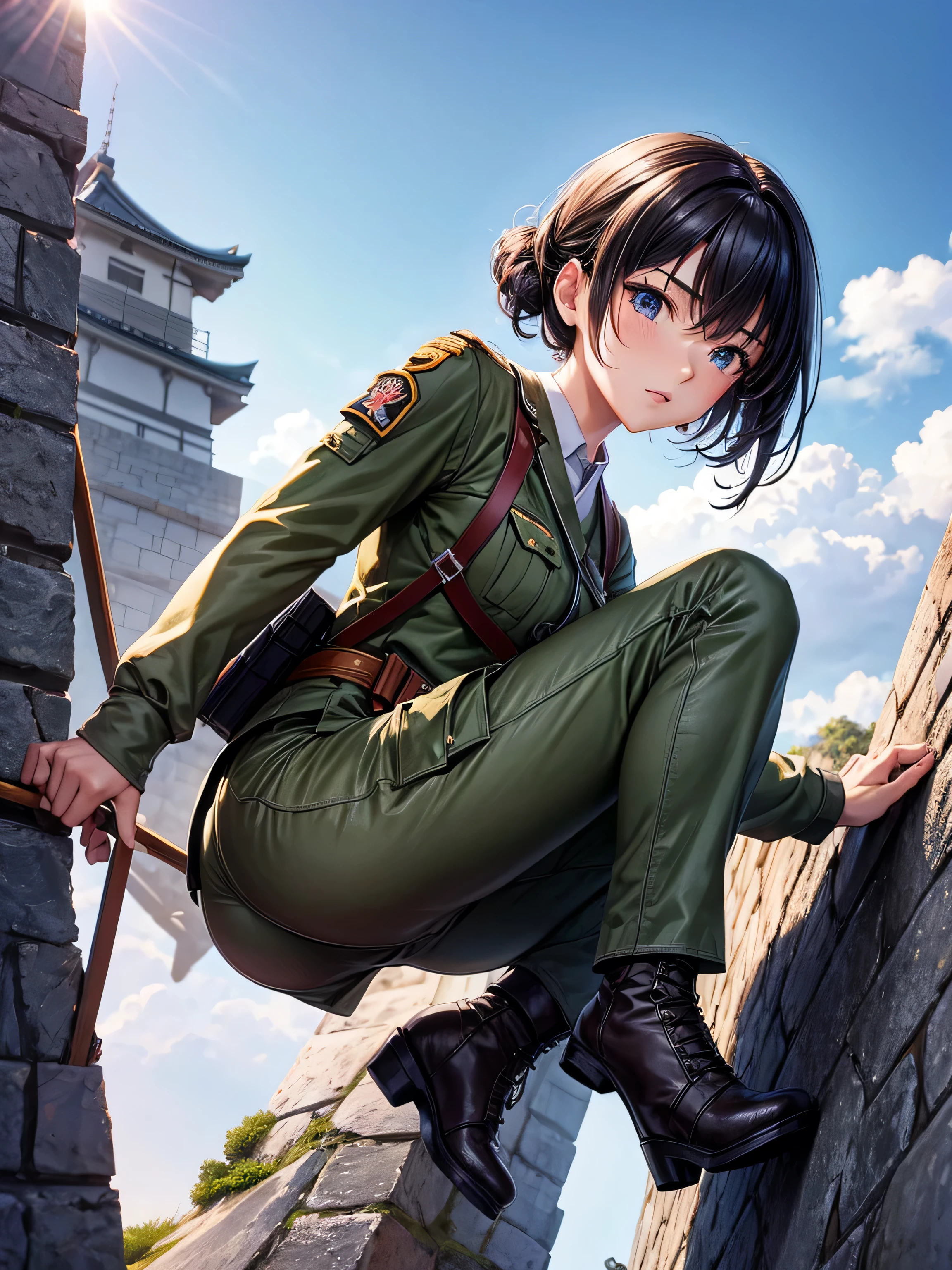 Japan, A modern female soldier with chiseled features climbing the castle walls, masterpiece, High resolution, masterpiece