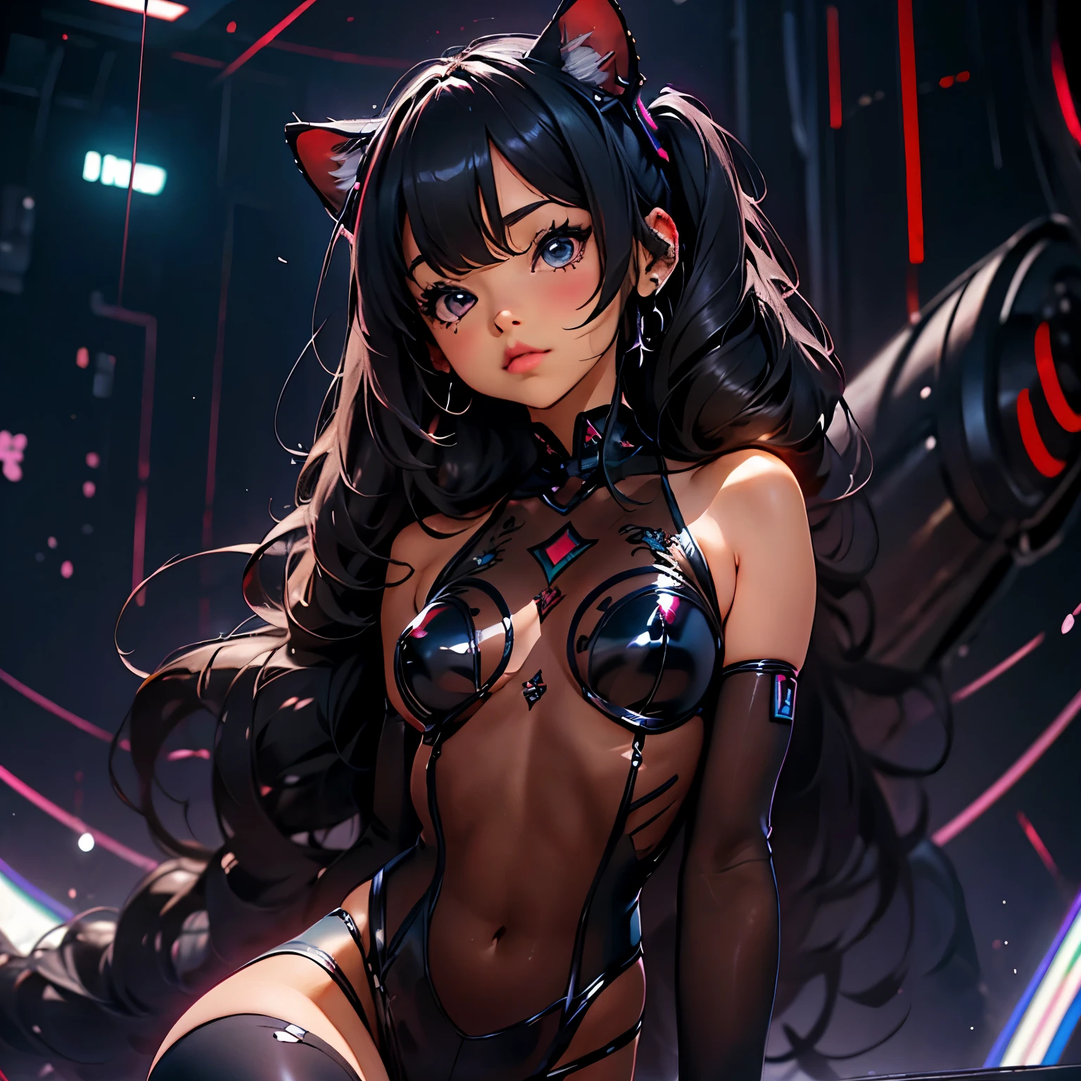 (junkotvv pelo negro orejas de gato y ojos rojos), (calidad)), ((obra maestra)), Resultados recomendados、(see through:1.5)、Todo el cuerpo 、pezones hinchados,Enderezar la espalda、busto enorme、angle to floor:1.2、low camera angle、Crotch hair loss.、Whole body in front of the camera.,Se puede ver pelo en la entrepierna.,Hatsune Miku,robot