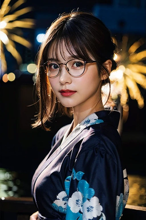 (8k、Raw photo、highest quality、masterpiece:1.2)、(Realistic、Photorealistic:1.37)、Ultra-detailed、超A high resolution、1 girl、Seeing the viewer、Beautifully detailed face、Laughter、narrow、(Slim waist) :1.3)、Blue yukata of Japan goldfish、Beautifully detailed skin、Skin Texture、Floating Hair、Braided bow hair、Professional Lighting、Fireworks venue、Black square glasses 、Human whole body、Brown Hair、Amazing fireworks、