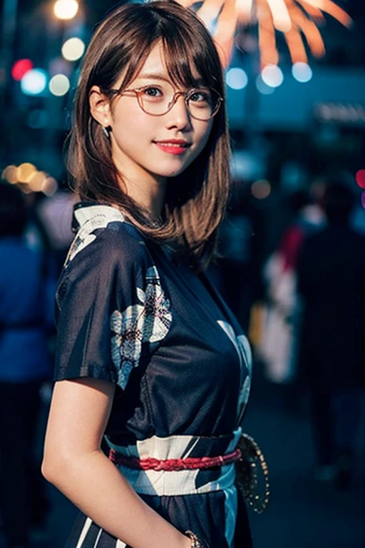 (8k、Raw photo、highest quality、masterpiece:1.2)、(Realistic、Photorealistic:1.37)、Ultra-detailed、超A high resolution、1 girl、Seeing the viewer、Beautifully detailed face、Laughter、narrow、(Slim waist) :1.3)、Blue yukata of Japan goldfish、Beautifully detailed skin、Skin Texture、Floating Hair、Braided bow hair、Professional Lighting、Fireworks venue、Black square glasses 、Human whole body、Brown Hair、Amazing fireworks、