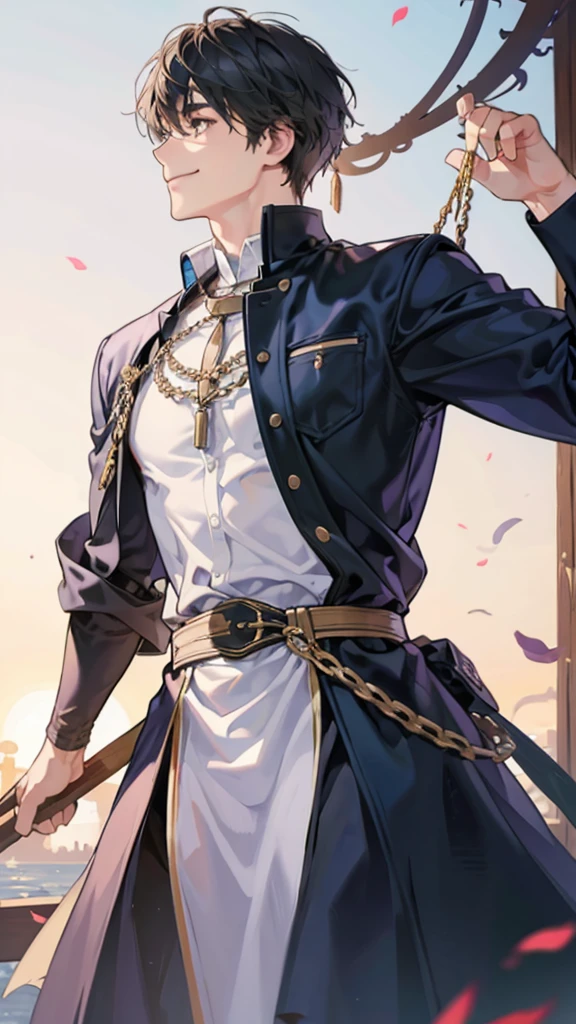 A 30-year-old man with a smile on his face, profile, and half body,