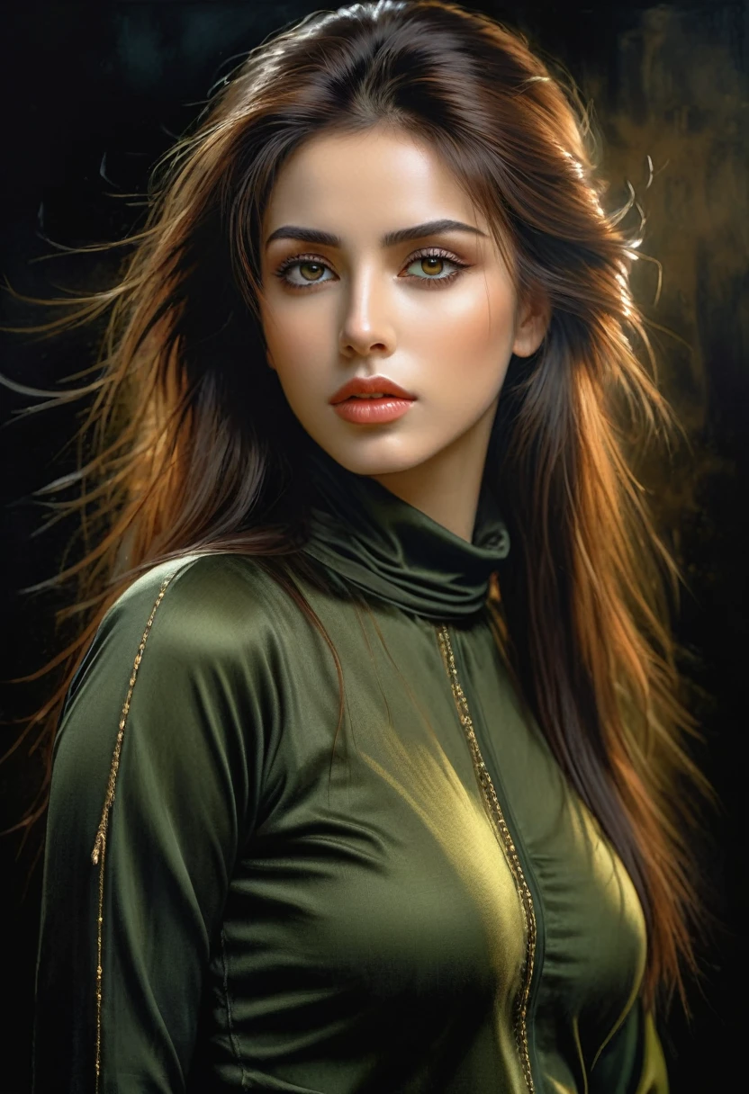 Illustration by Luis Royo. Black background. Beautiful Lebanese woman with long brown hair. Ideal anatomy, beautiful expressive look. She wears a black turtleneck and olive green skinny jeans. Its back side faces the camera. masterpiece, (best quality: 1.5), perfect lighting, very detailed, uhd, hdr, big anime eyes, ultra realistic. (full length, Wide angle, center, without trimming) - AR 9:16 - from 1:2. + (Pino Daeni style, Albert Joseph Penaud, Sven37)
