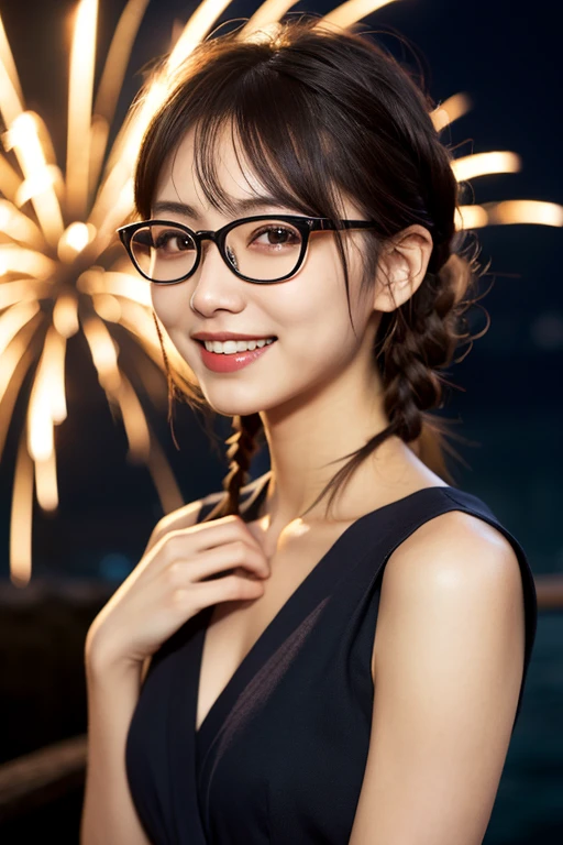 (8k、Raw photo、highest quality、masterpiece:1.2)、(Realistic、Photorealistic:1.37)、Ultra-detailed、超A high resolution、1 girl、Seeing the viewer、Beautifully detailed face、Laughter、narrow、(Slim waist) :1.3)、Blue yukata of Japan goldfish、Beautifully detailed skin、Skin Texture、Floating Hair、Braided bow hair、Professional Lighting、Fireworks venue、Black square glasses 、Human whole body、Brown Hair、Amazing fireworks、