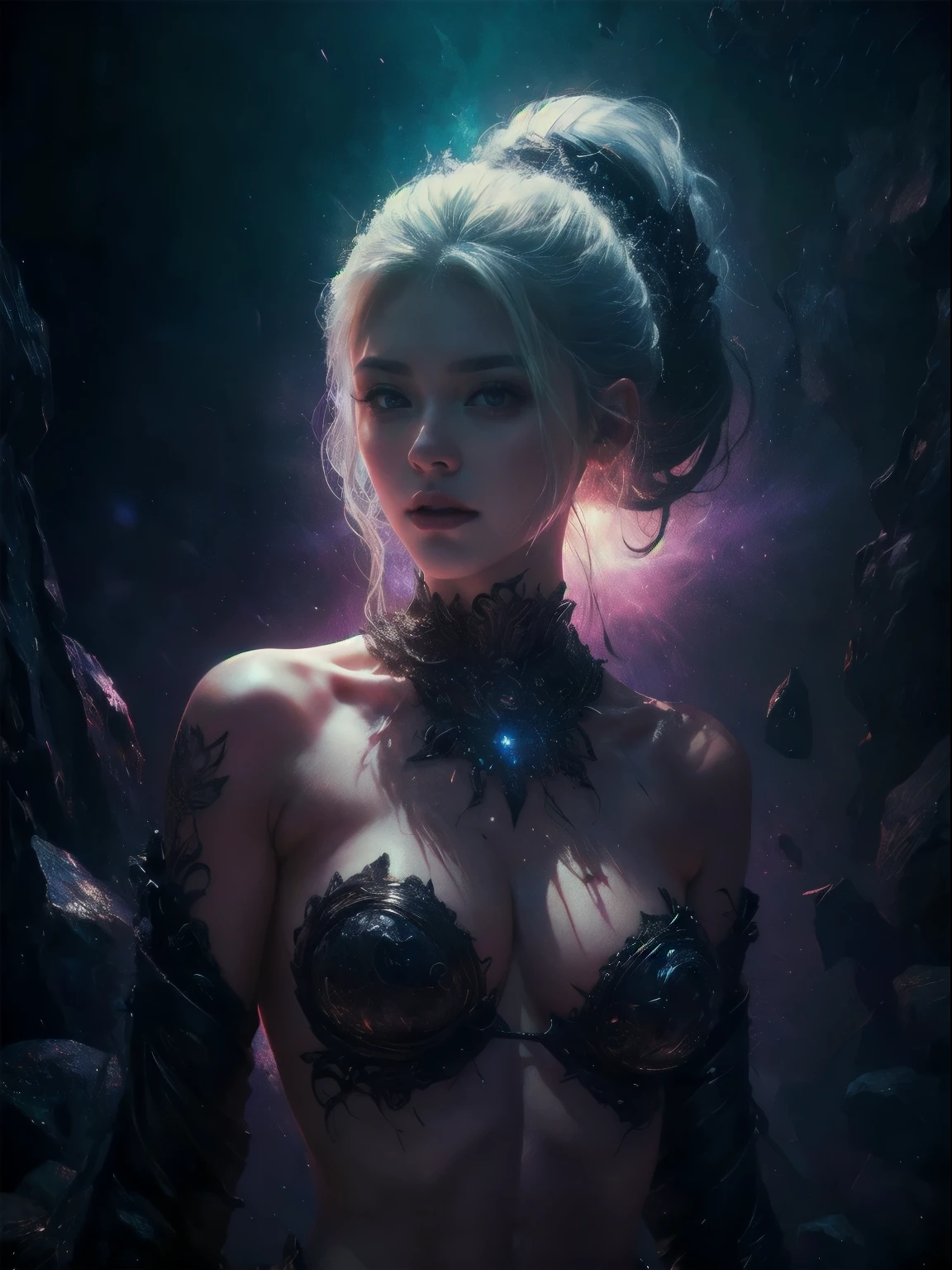 full length closeup portrait of complex detailed fractal aurora, forming a hyper-detailed ghostly vision of a beautiful succubus in the sky, busty, reflection in water, Ripples on the water, dark mountains on the horizon, backlight, Starry night sky background, very detailed galaxy, DAZ 3D landscape rendering, Unity, Unreal engine 5, UHD resolution, sharp focus, 8 k, 12 MP