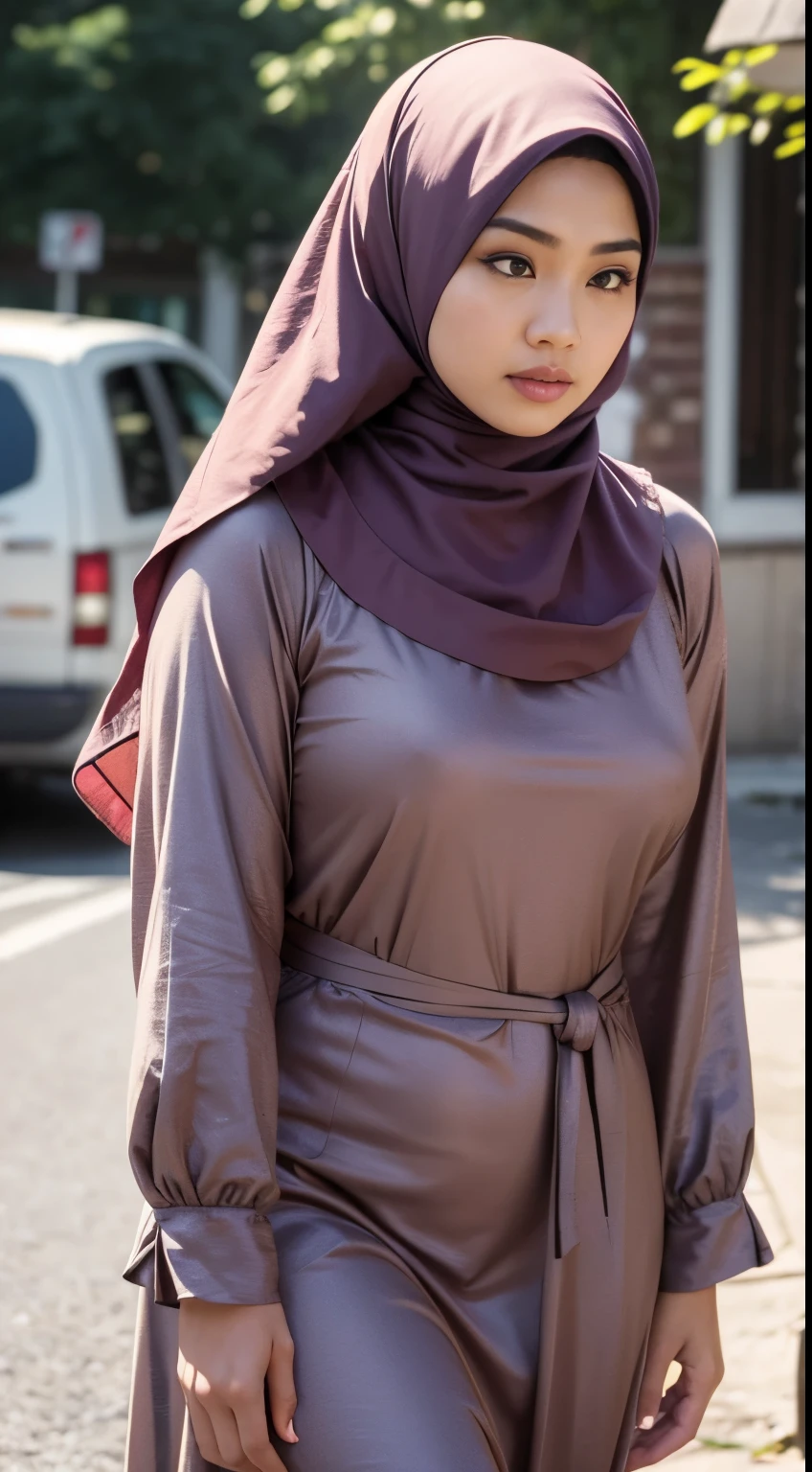 raw, Best quality, High accuracy, Masterpiece: 1.3), Beautiful Malaysian woman in hijab (iu:0.8), He wears a long brown dress with a full-hand turtle neck, Walking on a country street in the morning, Platform, sweaty, Wet body, Big breasts, Slim waist, Wide hips , Big round ass, Thick thighs, Photo taken using a Panavision DXL2, 28mm lens, Close shot, Bright pastel shades, sad, Cinema Scope , drama, High quality, Very detailed, 8K resolution,