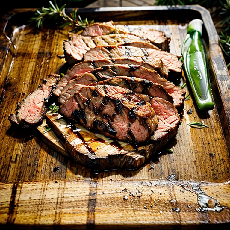 blurred background, grilled meat, steak, crispy on the outside. Cut into pieces and the meat inside is not yet cooked. There's runny water coming out. Garnish with rosemary. Placed in an old wooden cutting board tray, very beautiful, realistic image, 32K resolution,Macro photo
