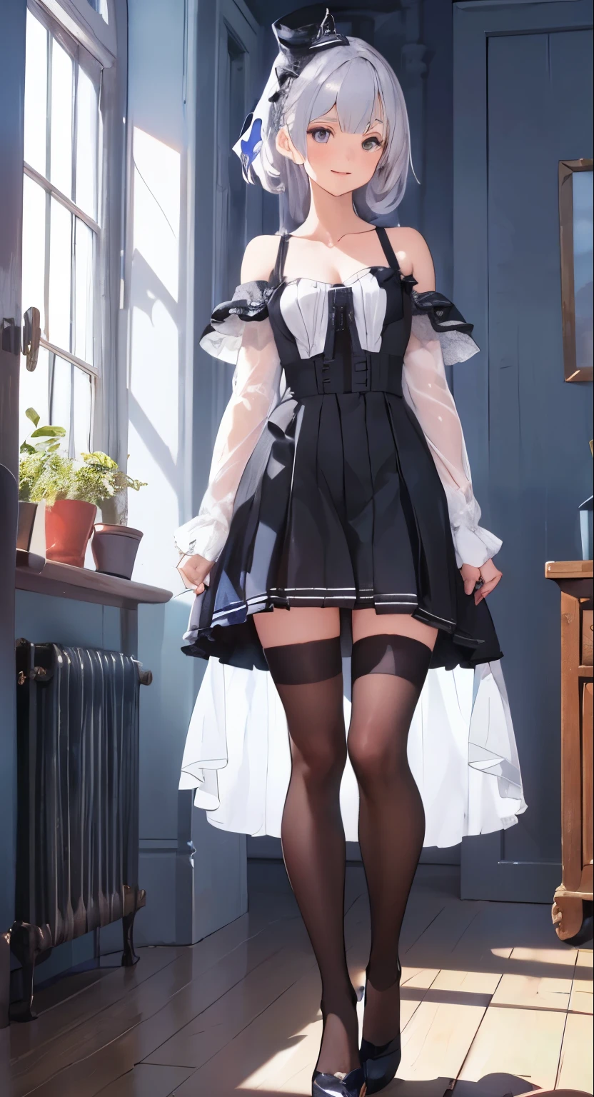 1girl, highly detailed, detailed eyes, sunny room, masterpiece, looking at viewer, illustration, game cg, collarbone, standing, glossy lips, thigh highs, high heels, silver hair, long hair, argus\(azur lane\), silver_hair, medium breasts, gray_eyes, hair_clip, argusorigin, black stockings, small silver crown on head, legs apart, feet shoulder width apart, smiling, 