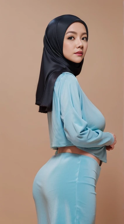 Vogue style side view photo shoot of malay 20years old young woman naked, no clothing with pastel colored background in Wes Anderson style, detail skin texture, detailed face, saggy breast, dark , camel toe, heavy big breast, big round ass, wide hips, thick thighs, beer belly, curvy, view from front, hyper - realistic photography, Wes Anderson style, full body, 8k, close - up shot, extreme close - up photo, ((looking at viewer with luscious))
