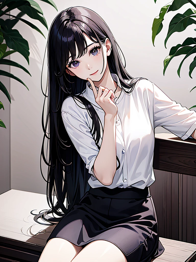 20-year-old beautiful woman with long black hair、OL、White blouse with purple tight skirt