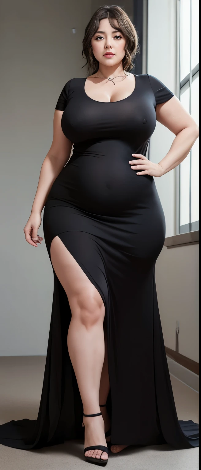 Chubby woman with fat belly and tight thighs, full body, 50-year-old mature woman, thick hips, thick neck, thick chest, big eyes, wearing a longest dress
