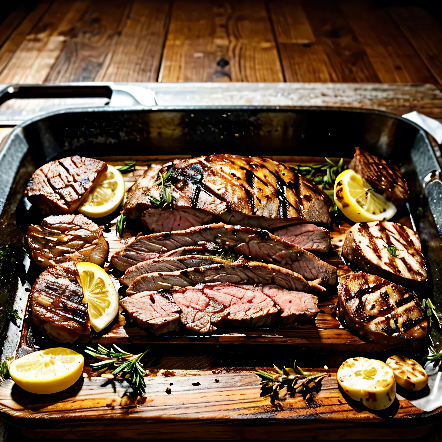 blurred background, grilled meat, steak, crispy on the outside. Cut into pieces and the meat inside is not yet cooked. There's runny water coming out. Garnish with rosemary. Placed in an old wooden cutting board tray, very beautiful, realistic image, 32K resolution,Macro photo