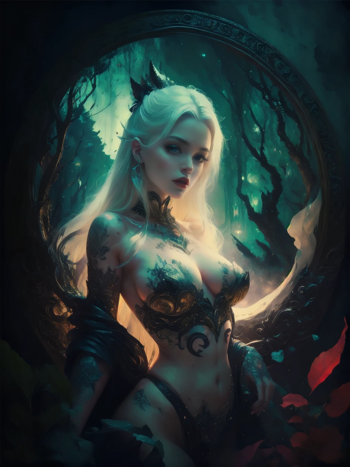 white forest in background, colorful design , Aurora, mythical, fatal seduction, erotic pose, pore white hair, , big eyes, body covered with tattoo, red lips, erotic, dark light,, naked, glowing light