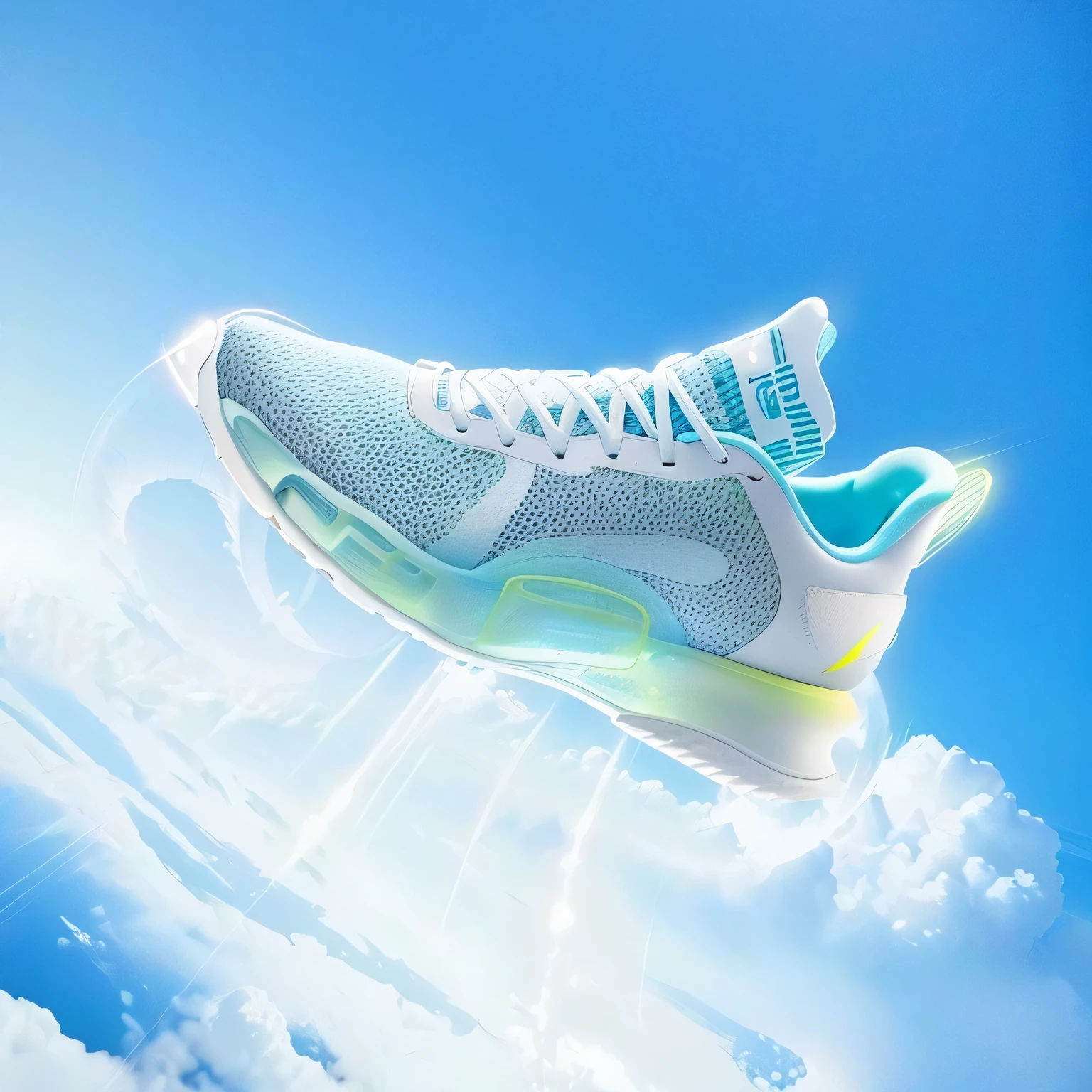 arafed image of a pair of running shoes flying in the sky, Inflatable future shoes, Running on the edge of space, running shoes, Futuristic sneakers, Running and falling on clouds, sneaker photos, overtake, 2 0 2 0 fashion, perspective lens, Jaguar, 2 0 2 2, speed, 2022, Environmental photography, new design