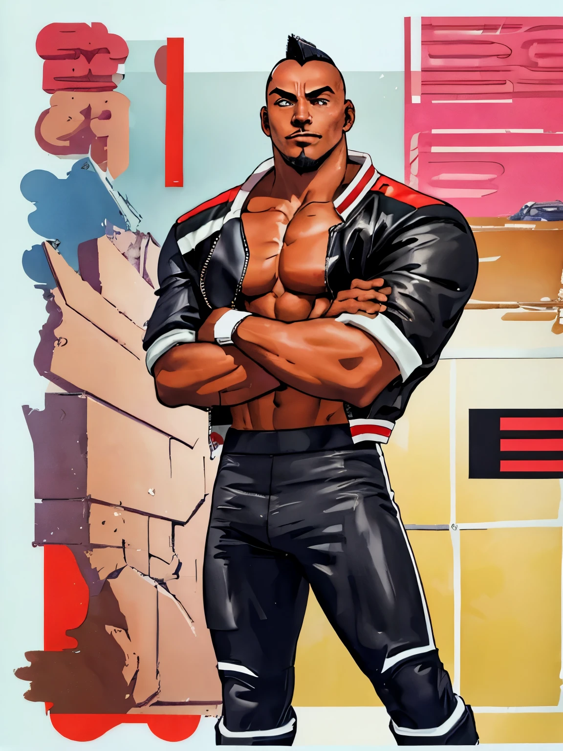 One boy, kofheavyd, solo, smile, short hair, black hair, jacket, full body, male focus, boots, outdoors, open clothes, dark skin, open jacket, tree, black jacket, muscular, facial hair, black shorts, crossed arms, abs, dark-skinned male, thick eyebrows, pectorals, muscular male, bara, large pectorals, mature male, tight, manly, leather, undercut, Pop Art, Brilliant, Use of color, Bold composition, modern, fashion, Andy Warhol, Iconic, contrast, graphical, Silkscreen, colorful, flashy, Retro, vintage, Comic Book Style, Geometric pattern, culture, ポップculture, stand out, Charm, Impact, stylish, Modern Art, Hero Image, pattern, Pop Background, repetition, Art Scene, Flat Color, High chroma