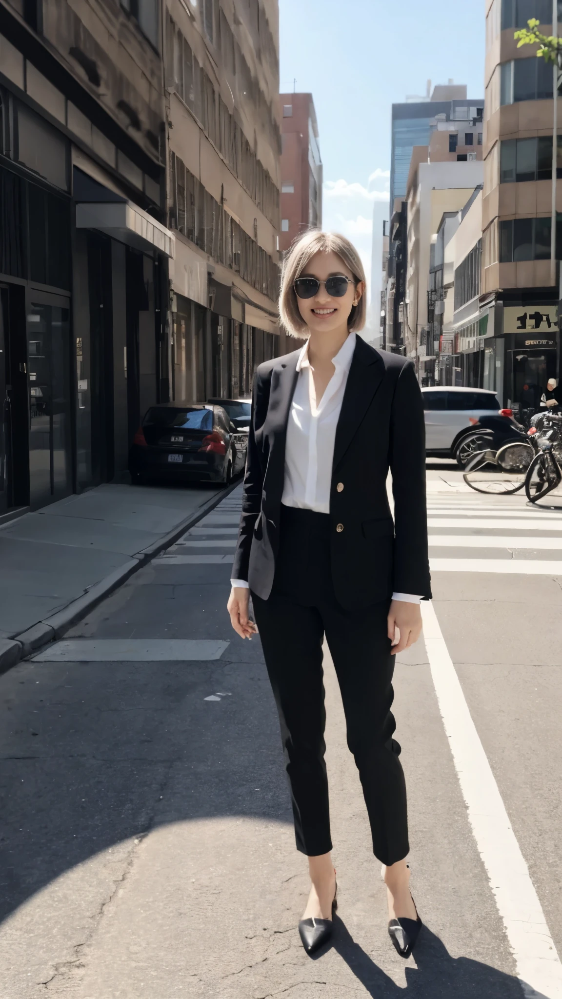 (8k, RAW Photos, highest quality, masterpiece: 1.2), (Realistic, photoRealistic: 1.37), 1 Woman in a suit standing on the sidewalk, Cityscape, Day, Sunny Morning, Professional Lighting, Photon Mapping, Radio City, Day本人女性, Torn, shirt, Woman in a suit, Silk Suit,The best smile:1.5,Silver Hair:1.5,sunglasses:1.5