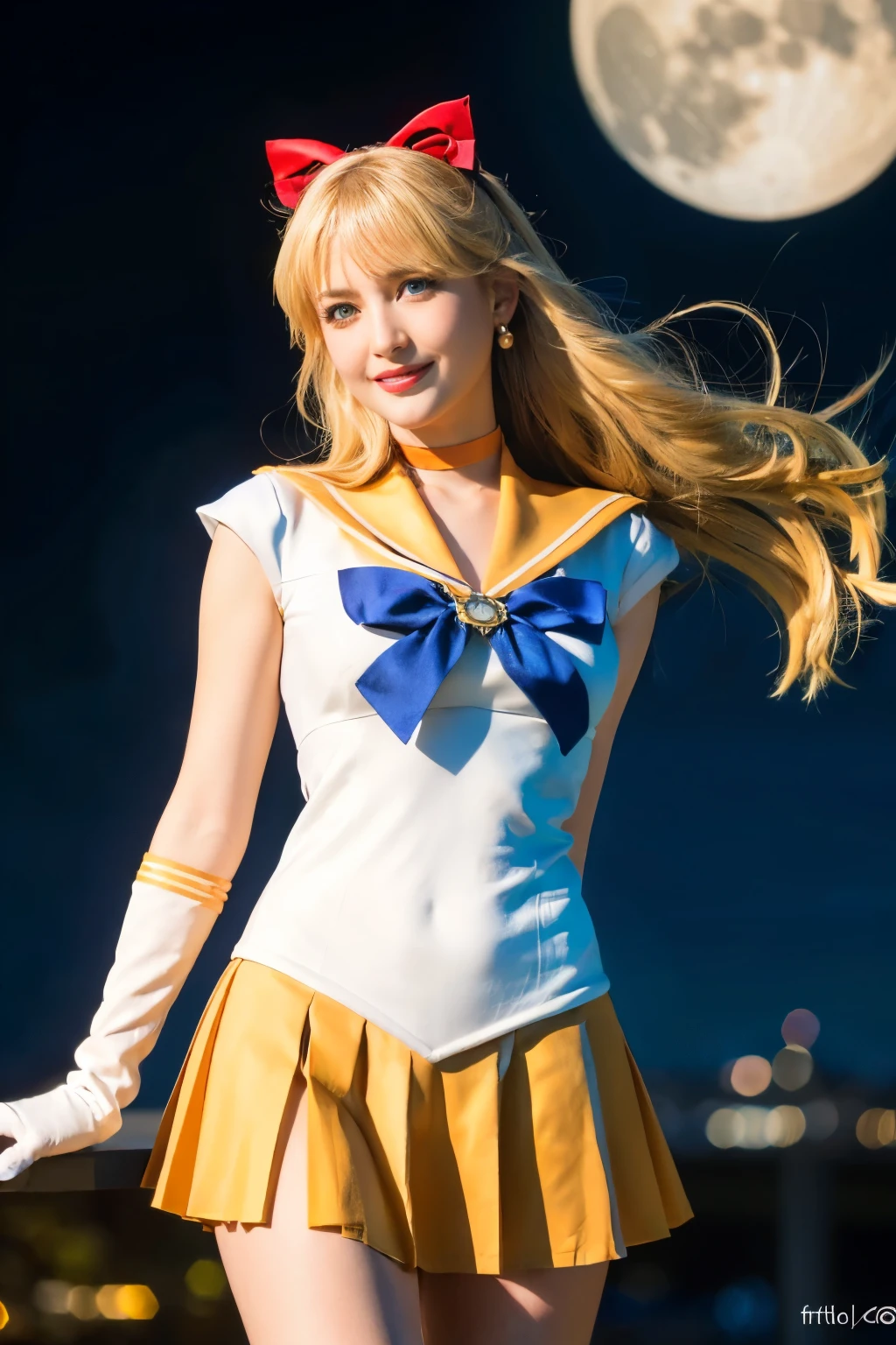 
((Tabletop:1.4, highest quality)), (Realistic photos:1.4), 
((1 girl)), (Beautiful actress), (dream-like),
(超High resolution:1.2), Very delicate and beautiful, wonderful, Very detailedな CG Unity 8k 壁紙, Very detailed, High resolution, 
Cinema Lighting, Perfect Anatomy, Slender body, (full body), Looking at the camera, Old-fashioned smile,
venus1, tiara, sailor senshi uniform, sailor venus,
blonde hair, magical girl, blue eyes, orange skirt, (elbow gloves), tiara, pleated skirt, hair bow, orange sailor collar,
miniskirt, choker, red bow, orange choker, white gloves, very long hair, jewelry, earrings, 
(Very big moon), (pose)