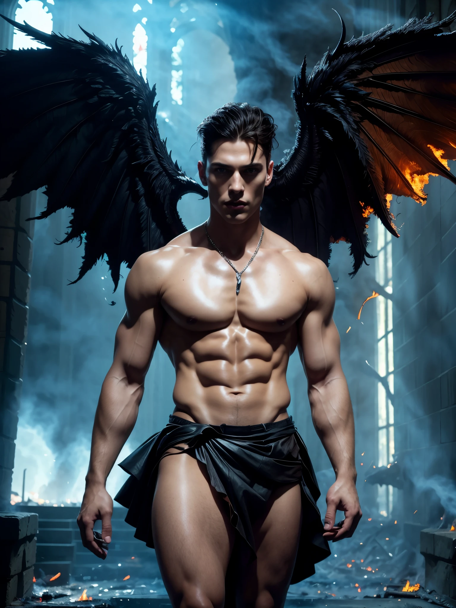 Photo-realistic, ((best quality)), ((masterpiece)), (detailed), perfect face, short hair, the devil, masculine portrait of the devil, personification of The Devil, evil look, super pale skin, (dark massive huge majestic black angel wings:1.2), black dragon horns, 18-year-old, super male model, handsome, tall, cute evil looking, dark look powerful, young male model, handsome mythical creature, super strong, muscular, fit, massive muscles, six pack, clean shave, blue eyes. wavy messy brown hair, short messy hair, messy wavy hair, shirtless, bare-chested, muscle, ripped, strong body, fit body, ancient linen Greek small skirt, antique black linen cloth skirt, Dark background 8k, high detailed, ultra-detailed, Stylish Pose, real skin texture, dramatic cinematic lighting, ruins Gothic cathedral, ruins, fire, (floor burning:1.6)