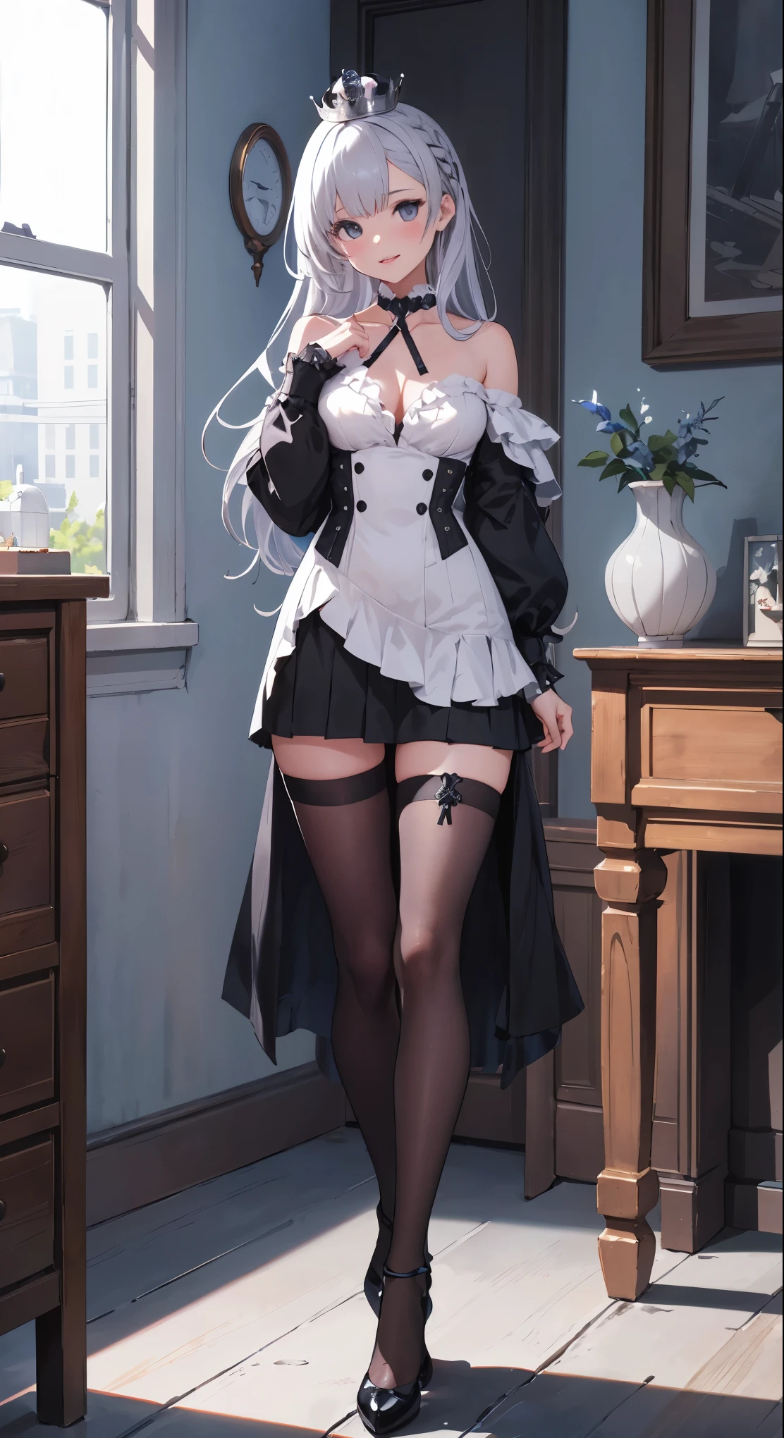 1girl, highly detailed, detailed eyes, sunny room, masterpiece, looking at viewer, illustration, game cg, collarbone, standing, glossy lips, thigh highs, high heels, silver hair, long hair, argus\(azur lane\), silver_hair, medium breasts, gray_eyes, hair_clip, argusorigin, black stockings, small silver crown on head, legs apart, feet shoulder width apart, happy, 