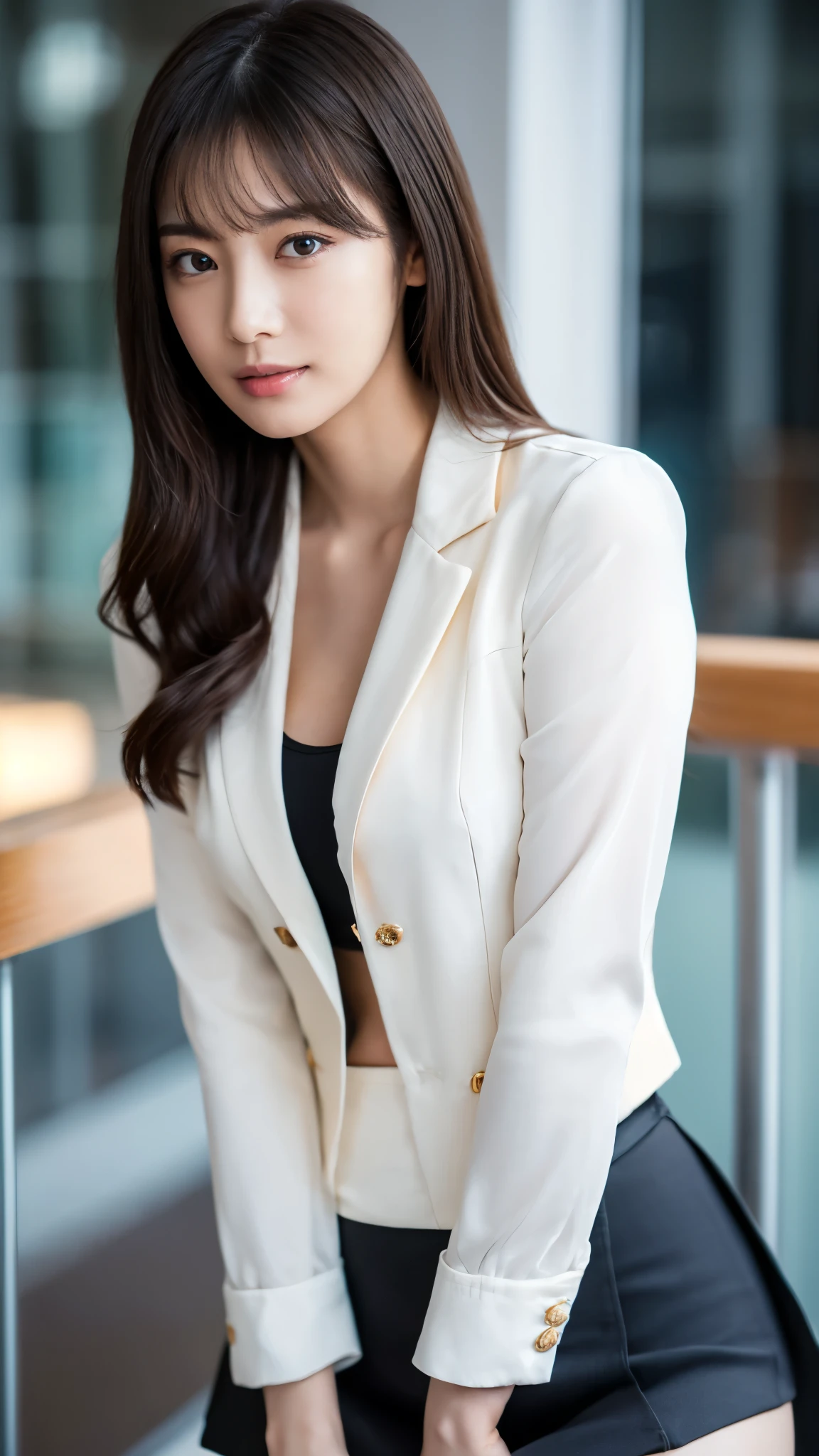 最high quality, masterpiece, 1 girl, Beautiful Face, (Photorealistic photography:1.3), Rim Light, (Skin with attention to detail:1.2), 8k UHD, Digital SLR, high quality, High resolution, 4K, 8k, Bokeh, (Genuine: 1.3), Small face, pretty girl, Black Formal Blazer, Mid-breasted, Short skirt,office