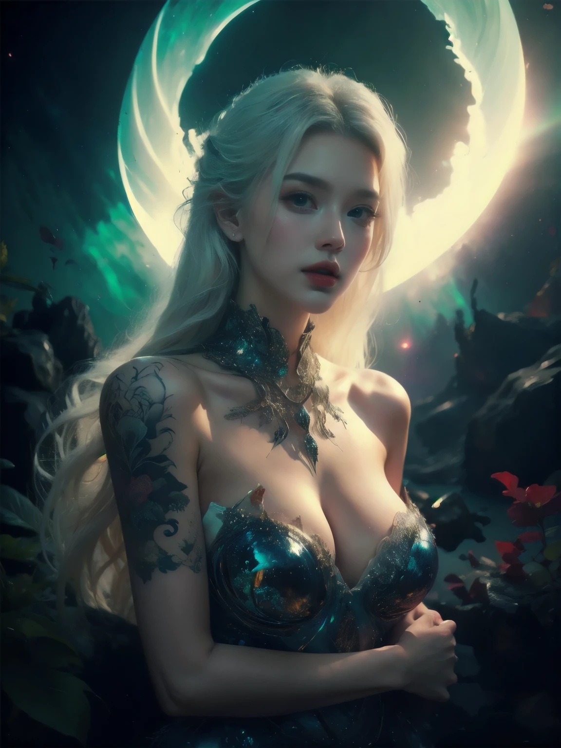 white forest in background, colorful design , Aurora, mythical, fatal seduction, erotic pose, pore white hair, , big eyes, body covered with tattoo, red lips, erotic, dark light,, naked, glowing light