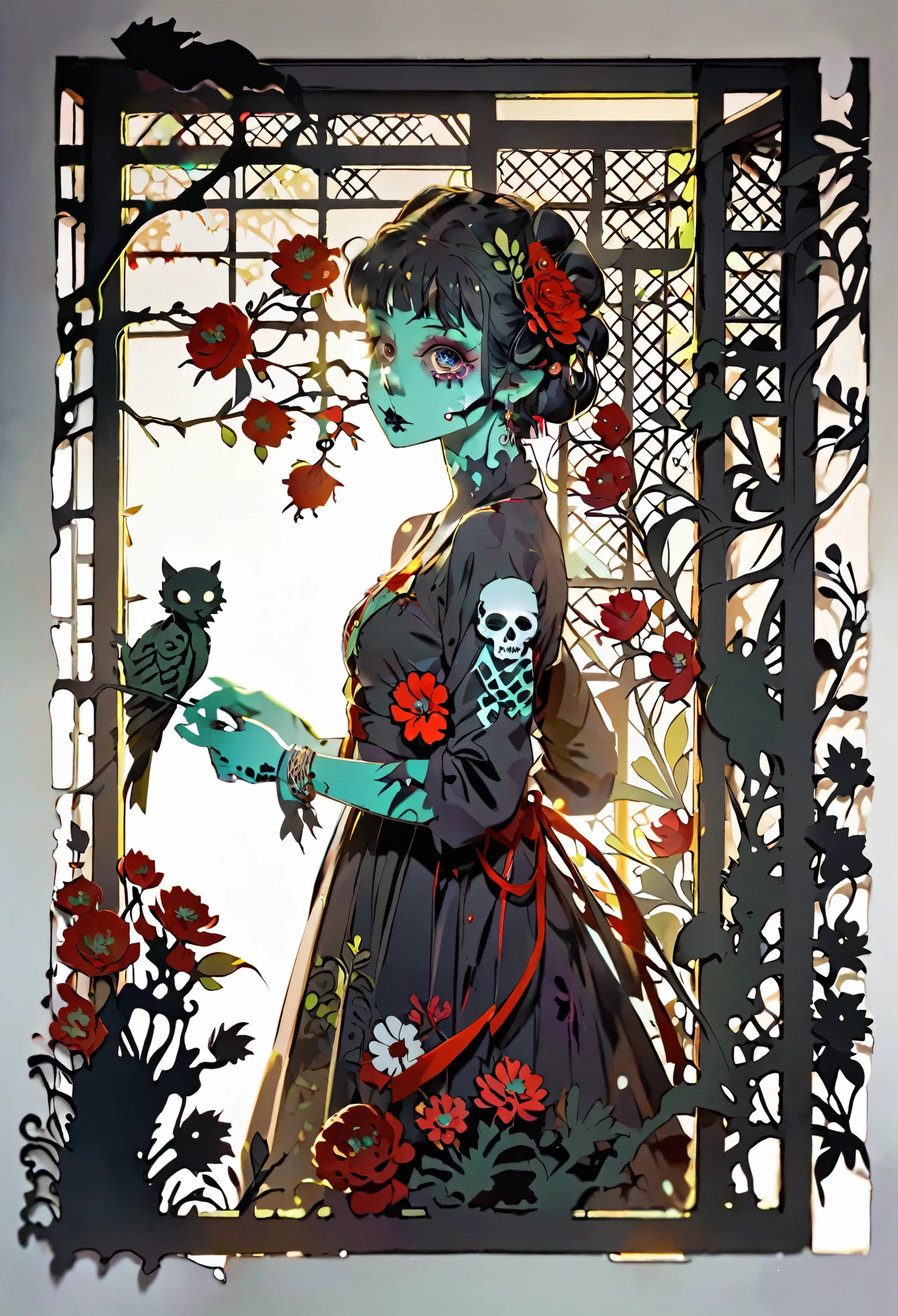 (((paper cutting style))), 1 zombie, dress up, portfolio from side