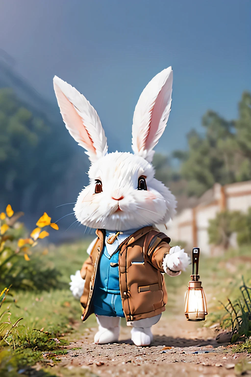 Little white rabbit，Wearing a light blue vest，The expression is worried，Standing at the door of a wooden house，The background is a dense forest，Soft Light，There are butterflies and birds