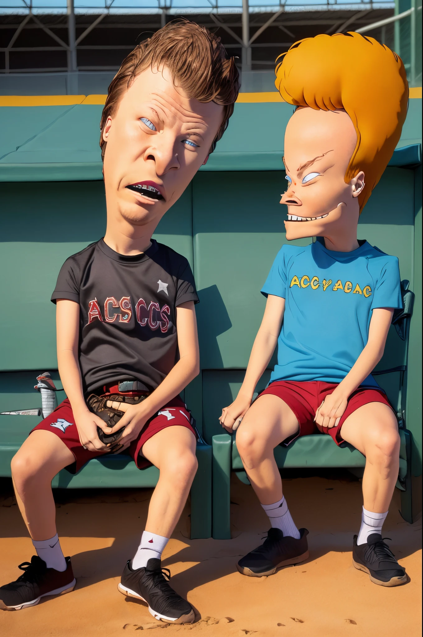 butthead and beavis together, sitting at baseball game, flat colours, acdc,