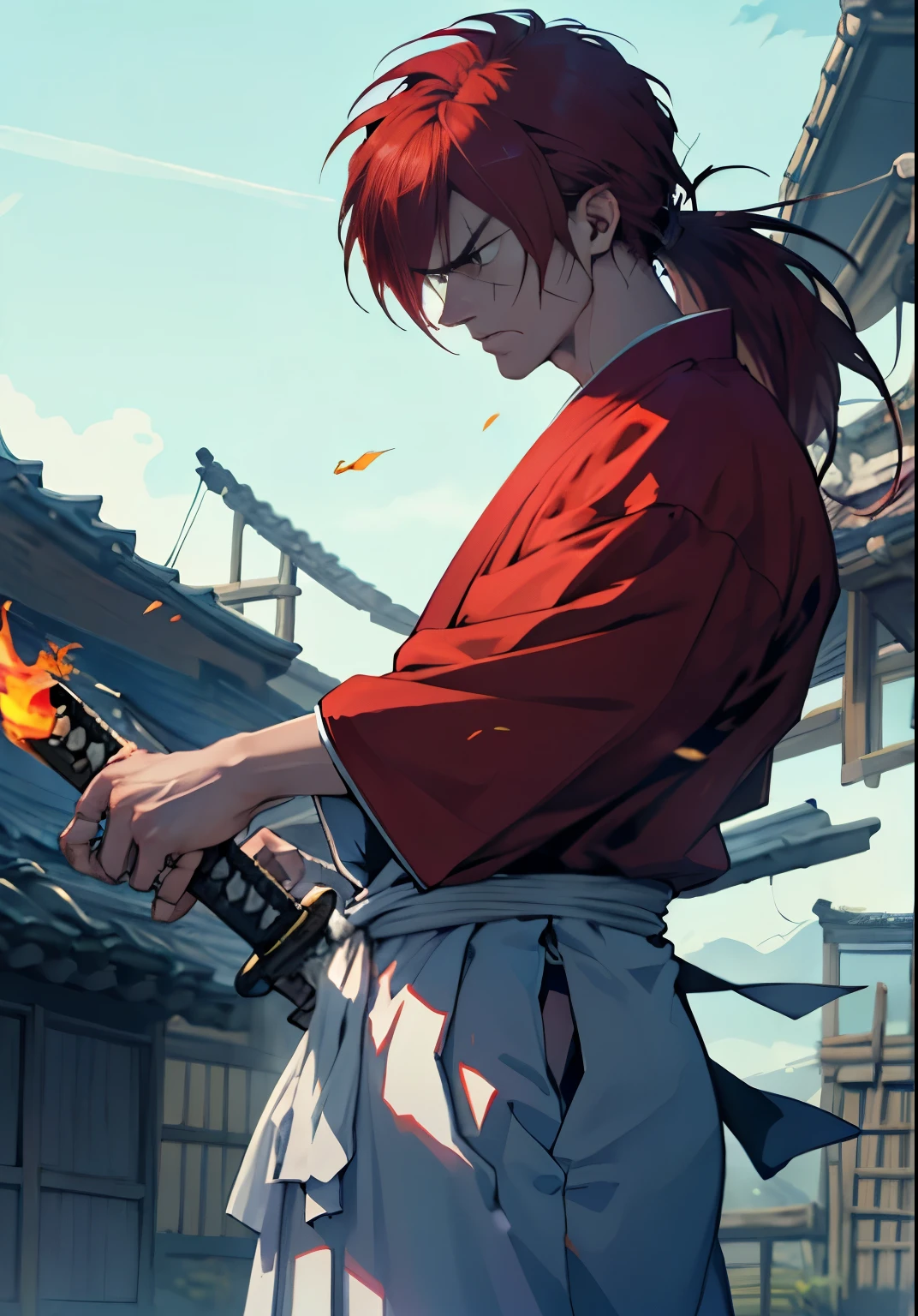 Design amazing postereatures kenshin as the protagonist "Rurouni Kenshin" In the heat of the moment. Capture the essence of his burning determination and indomitable spirit. For he unleashed his anger. Action with katana, Keep it short, Bold, And strongly convey the raw power of Kenshin's anger. Long Hair, ponytail, Red Hair, 1katana, white hakama, red kimono, cross sign in left cheek, {The perfect sword, samurai, Straight Katana, Holding a straight sword}