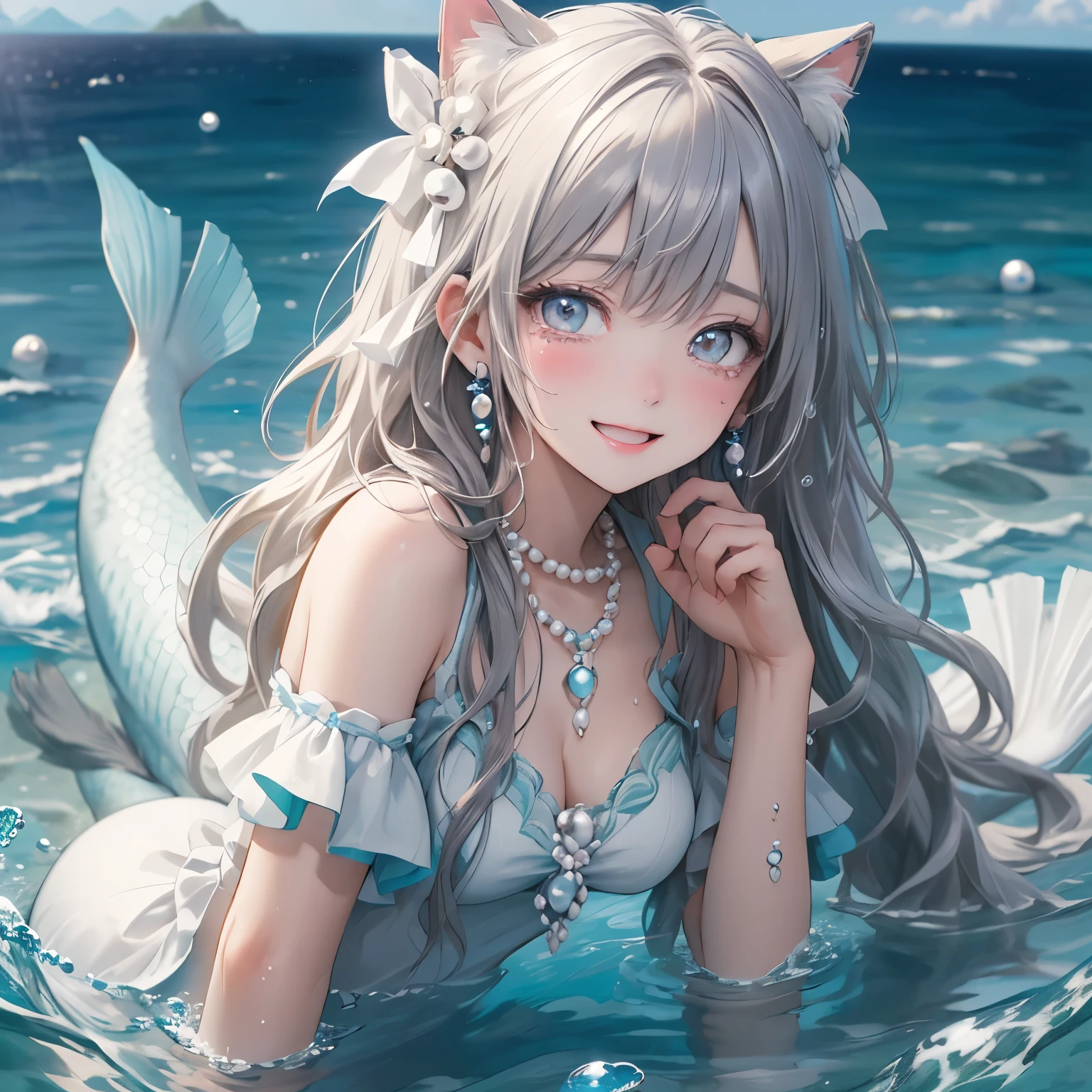 (masterpiece), highest quality, Ultra-high resolution,Cat with white ribbon、White long hair、White eyes、mermaid、(Ocean、In the water:1.3)、(White pearl necklace:1.2)、Fantasy、Big tears、smile
