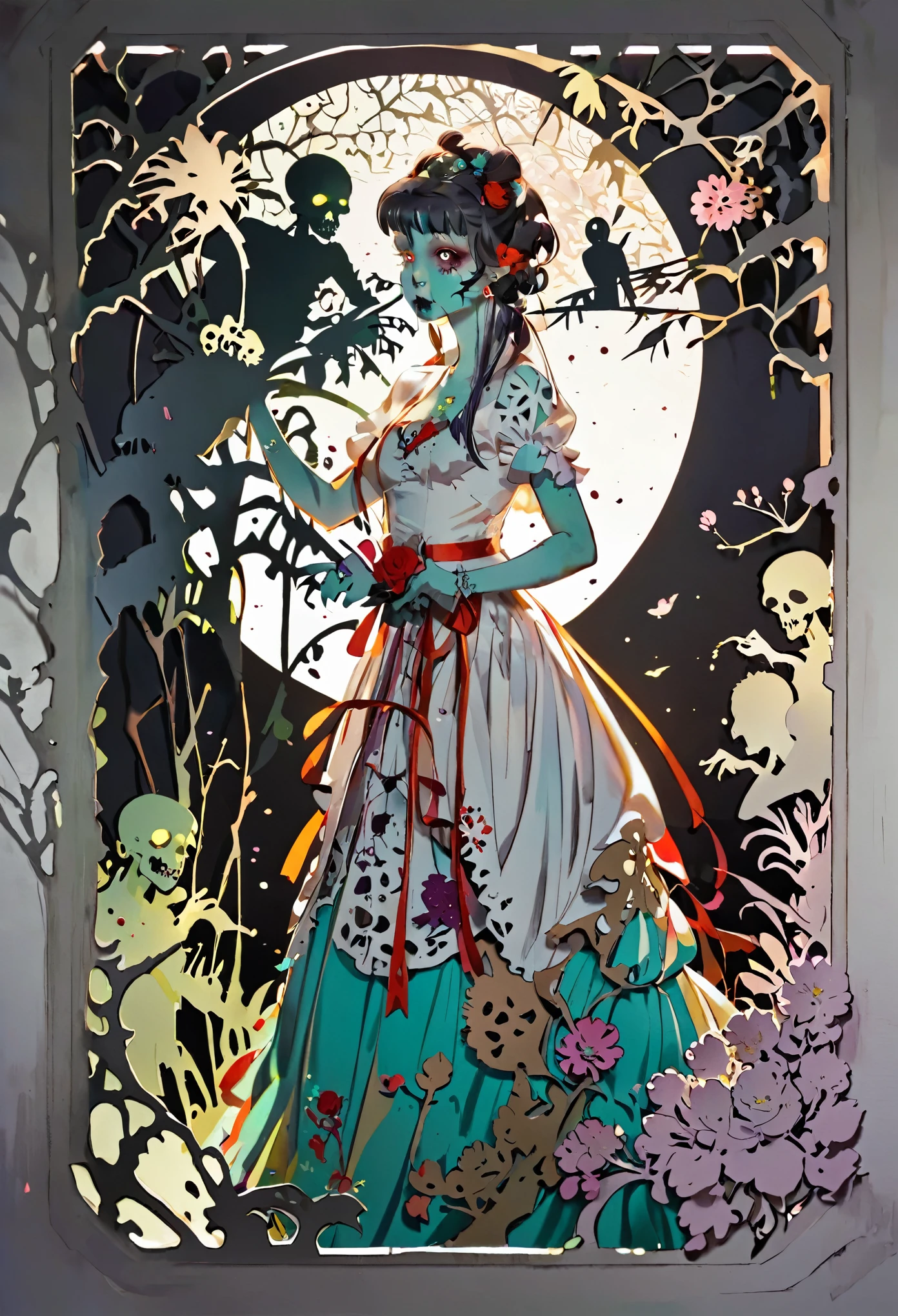 (((paper cutting style))), 1 zombie, dress up, portfolio from side