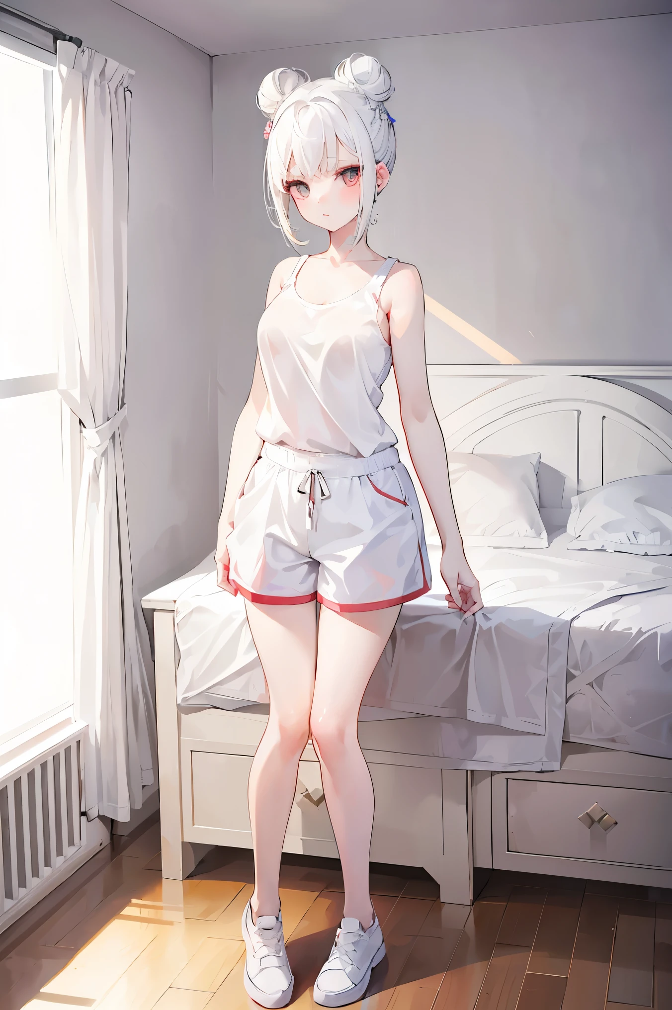 (Girl1,round face,white hair,double bun hairstyle,white tank,short pants,in the bedroom,full body,searching for something),anatomical correct, textured skin,super detail,high quality,high details,best quality,highres,UHD,1080P