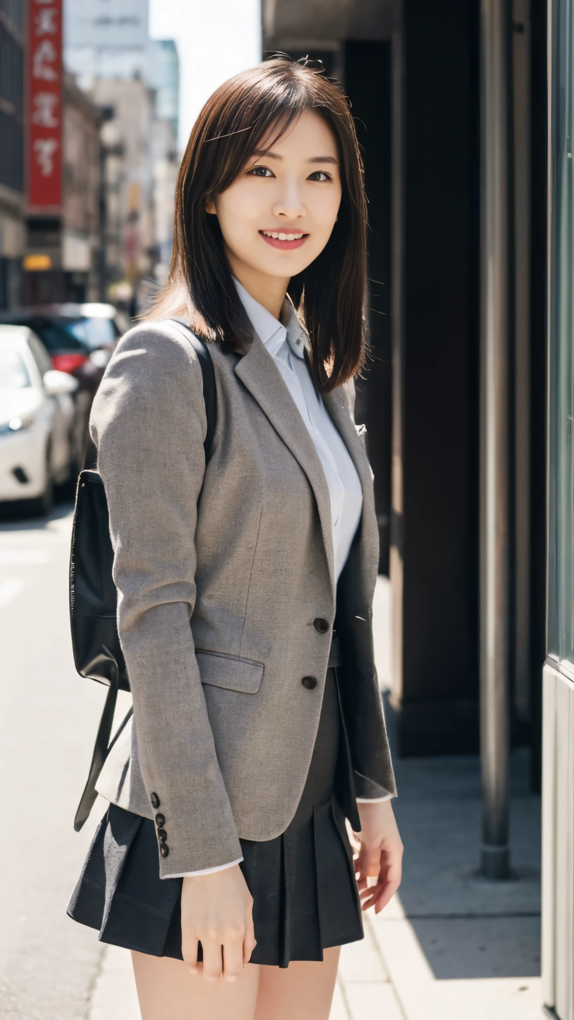(8k, RAW Photos, highest quality, masterpiece: 1.2), (Realistic, photoRealistic: 1.37), 1 A woman wearing a suit skirt standing on the sidewalk, Cityscape, Day, Sunny Morning, Professional Lighting, Photon Mapping, Radio City, Day本人女性, shirt, Woman in a suit, Silk Suit,The best smile:1.5,Silver Hair:1.5,