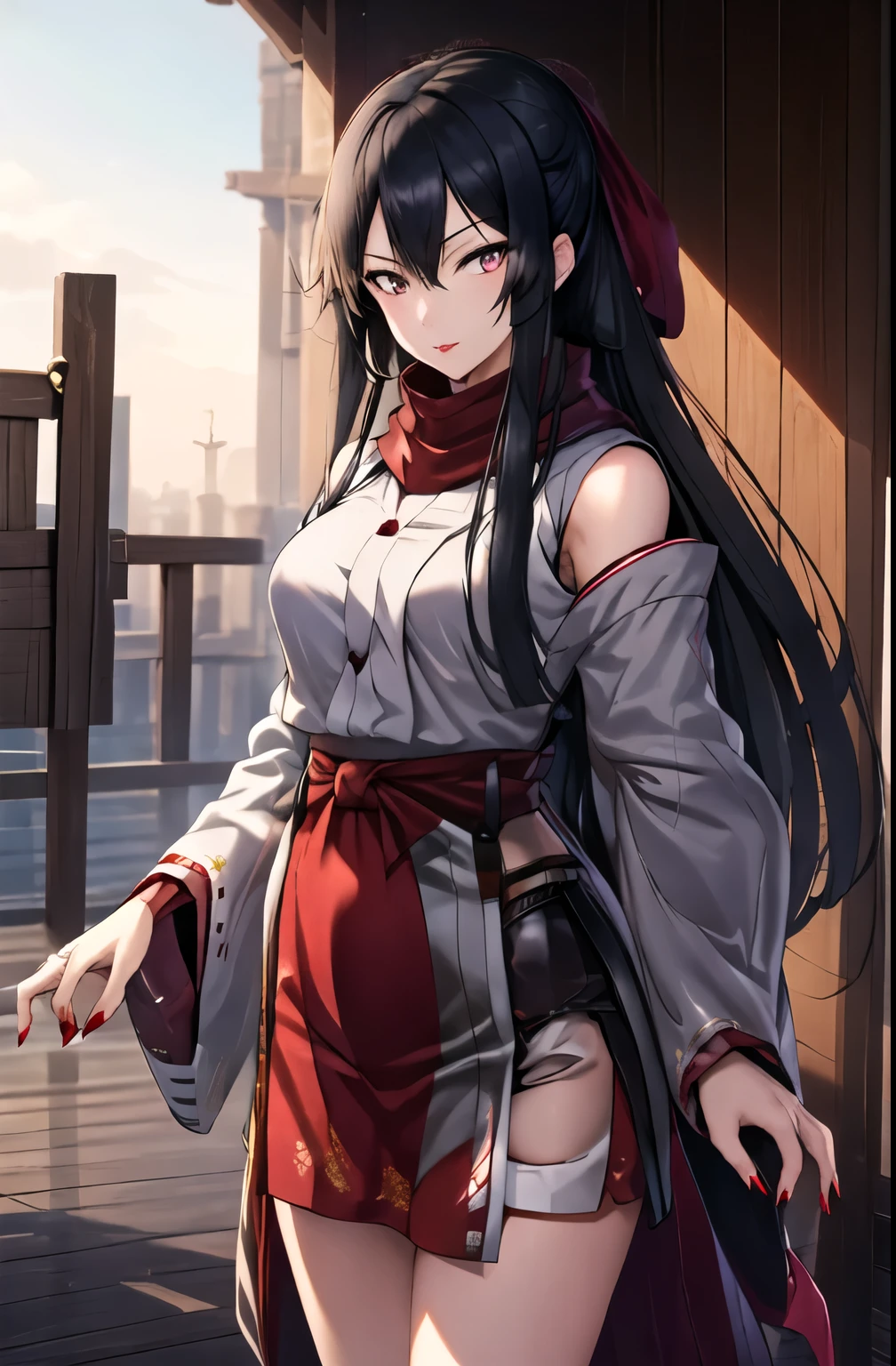 (Cowboy shooting:1.4), smug,
Mizuki, 1 Girl, White Japanese clothes, Solitary, Mature, Shrine maiden, Crimson eyes, (scarf:1.2), Red lips, cosmetic, Very long hair, Black Hair, also red, Wide sleeves, Very long red nails, Parted bangs,
masterpiece,high quality,Ultra HD,