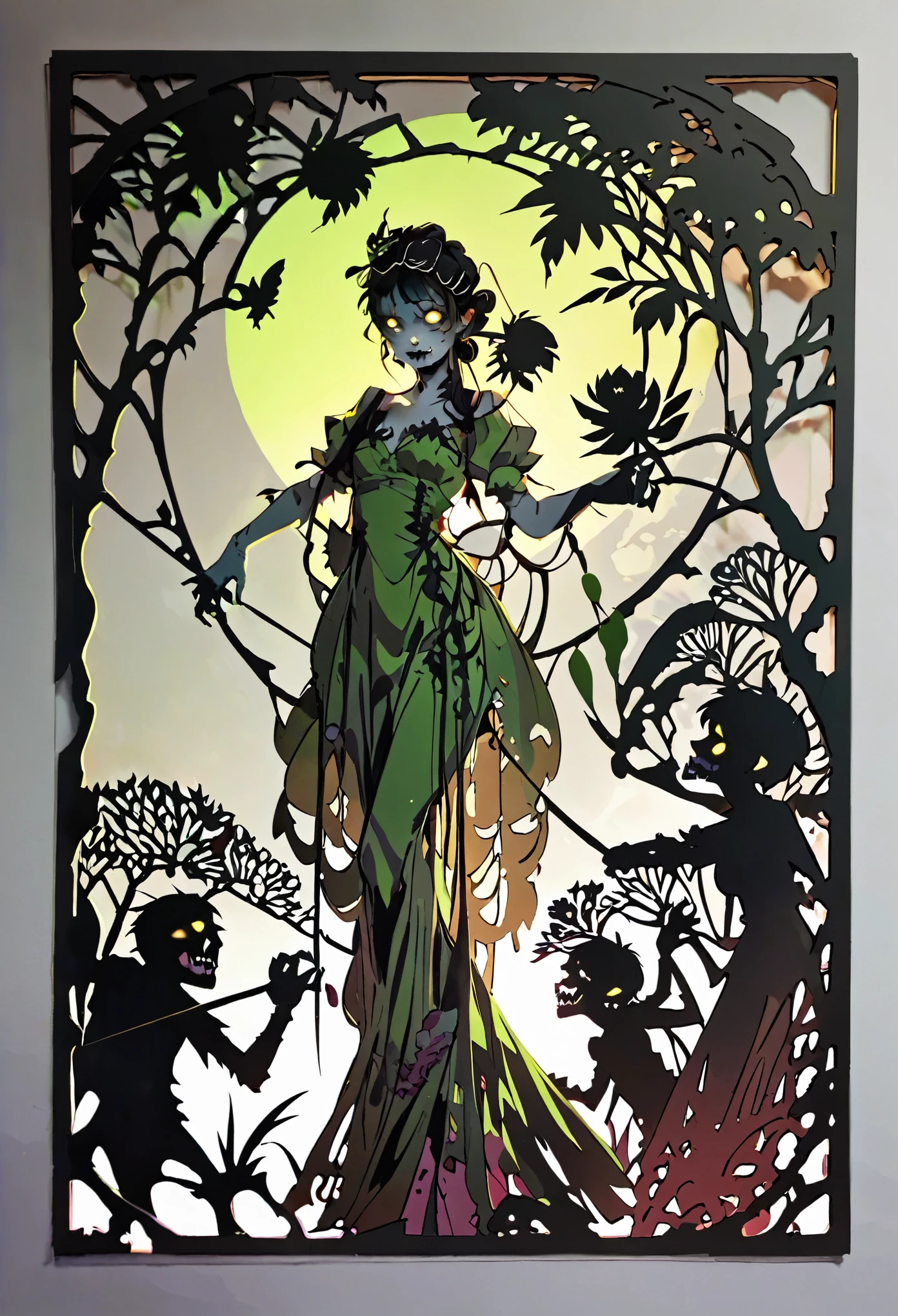 (((paper cutting style))), 1 zombie, dress up, portfolio from side