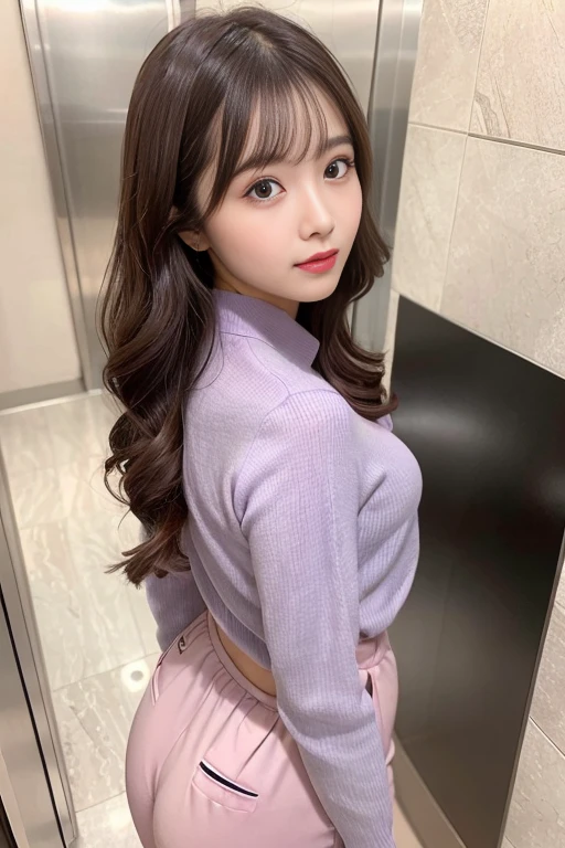 One-person viewpoint, (masutepiece:1.3), High resolution, ultra-detailliert, the Extremely Detailed CG Unity 8K Wallpapers, Realistic, Photorealsitic, Raw photo, beautifull detailed face, pale skin, realistic glistening skin, Detailed Cloth Texture, detailed hair texture, Perfect body, Beautiful face, precise, Anatomically correct, Highly detailed face and skin texture, Natural neck length, (Beautiful hands), (Fair skin:1.2), thin legs, Thin feet, Aligned teeth,
BREAK,
Detailed eyes, symmetrical eye, Light brown eyes, Double eyelids, Thin eyebrows, (Glossy lips:1.4), (Sleepy face:1.2), (blush:1.3),
BREAK,
(Classy and cute girl:1.3), (Wear elegant clothes (Light purple) Button shirt:1.2), ((The shirt is a bit lighter))((Pink) Elegant slacks made of rayon material:1.2), , (Thin and classy pants)
large full breasts, (Slender figure:1.1),
(Dark blonde hair, Wavy Hair, Medium Hair:1.2), ((asymmetrical bangs:1.2)),
BREAK,
(Rear view of a woman standing in an elevator hall:1.4), ((Turn your butt to the viewer:1.3)), (The shape of the buttocks is faintly visible from the top of the clothes.:1.5)((emphasis on the buttocks))(((The line from the waist to the buttocks is beautiful)))
(Inside the office building)), (((Woman Standing In Elevator Hall))), (View from your feet:1.5), Looking at Viewer, photographed from the back、Low angle shooting