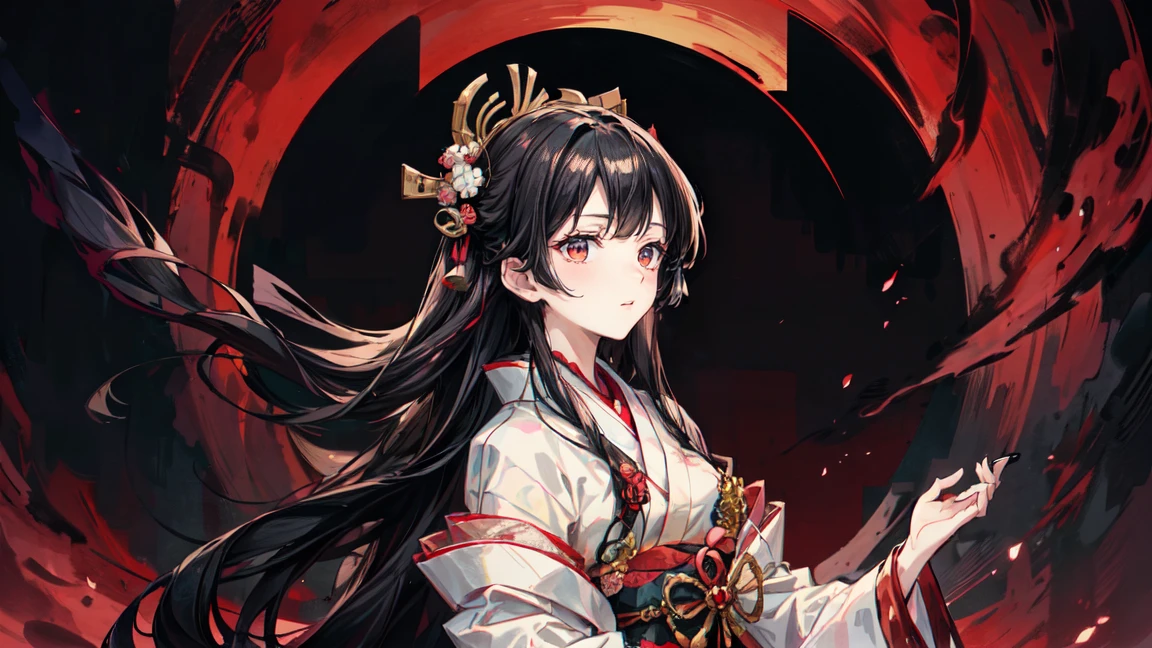 A mysterious and serene Japanese-style art piece featuring a woman with long black hair and red eyes, red eyeshadow, dressed in traditional Japanese clothing. She has traditional hair ornaments in her hair. The background includes ukiyo-e style blue waves, a red sun, and white clouds. The overall color scheme is vibrant with a contrast between dark and bright tones, showcasing intricate details that reflect traditional Japanese aesthetics.