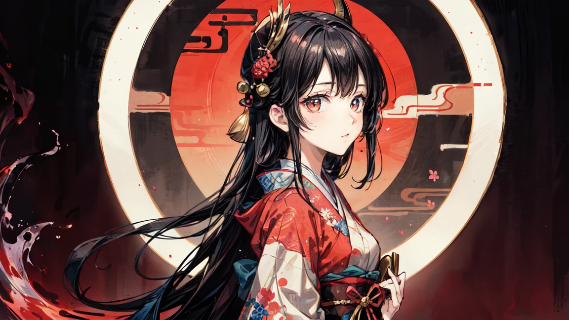 A mysterious and serene Japanese-style art piece featuring a woman with long black hair and red eyes, red eyeshadow, dressed in traditional Japanese clothing. She has traditional hair ornaments in her hair. The background includes ukiyo-e style blue waves, a red sun, and white clouds. The overall color scheme is vibrant with a contrast between dark and bright tones, showcasing intricate details that reflect traditional Japanese aesthetics.