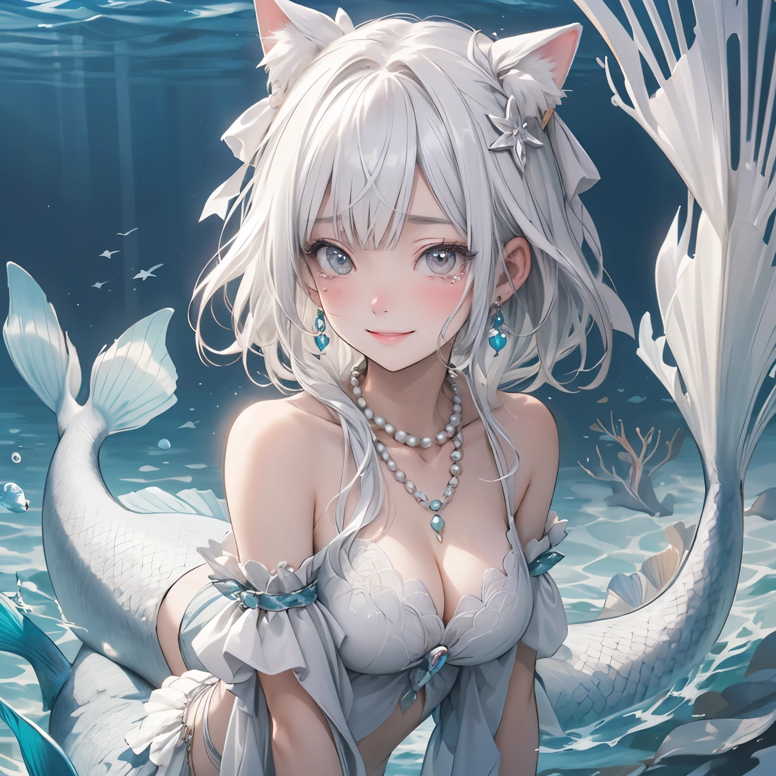 Cat with white ribbon、White Hair、White eyes、mermaid、In the sea、Pearl Necklace、Fantasy、tears、smile
