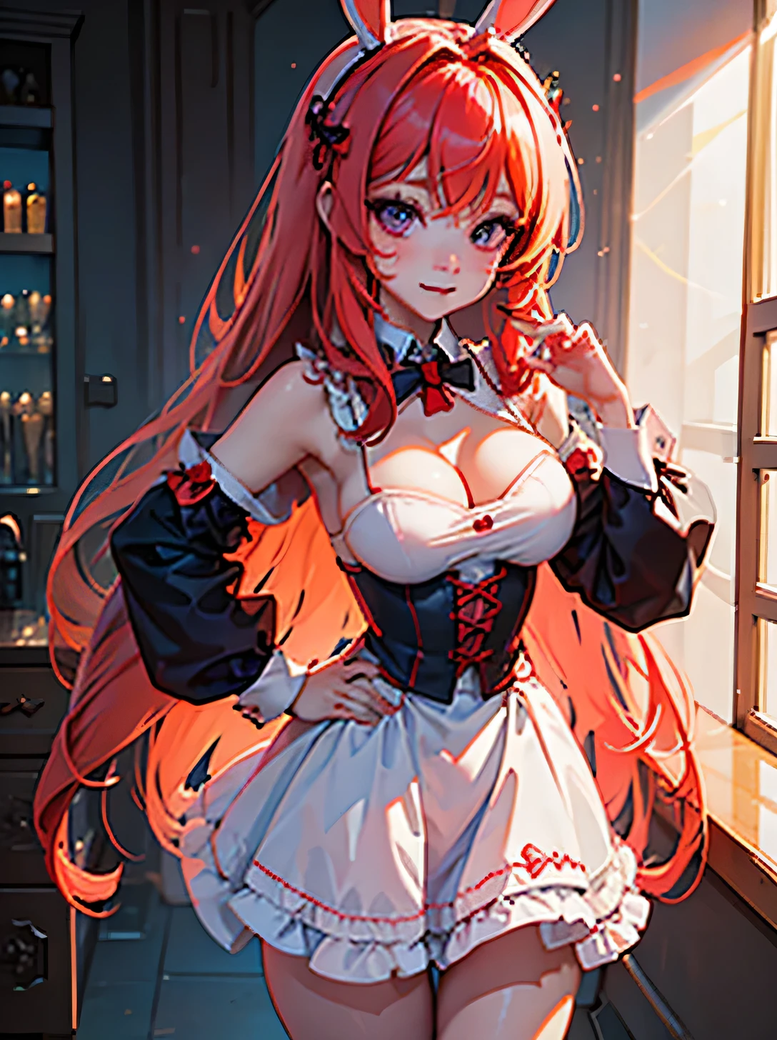 Outrageous, Best Quality, 1girl, solo, red hair, purple eyes, long hair, big, ahBunny, bunny ears, red corset, gakuran, aprons, red neck ribbons, red skirt, hair bow, short sleeves, wrist cuffs, white thighs, jingle bells