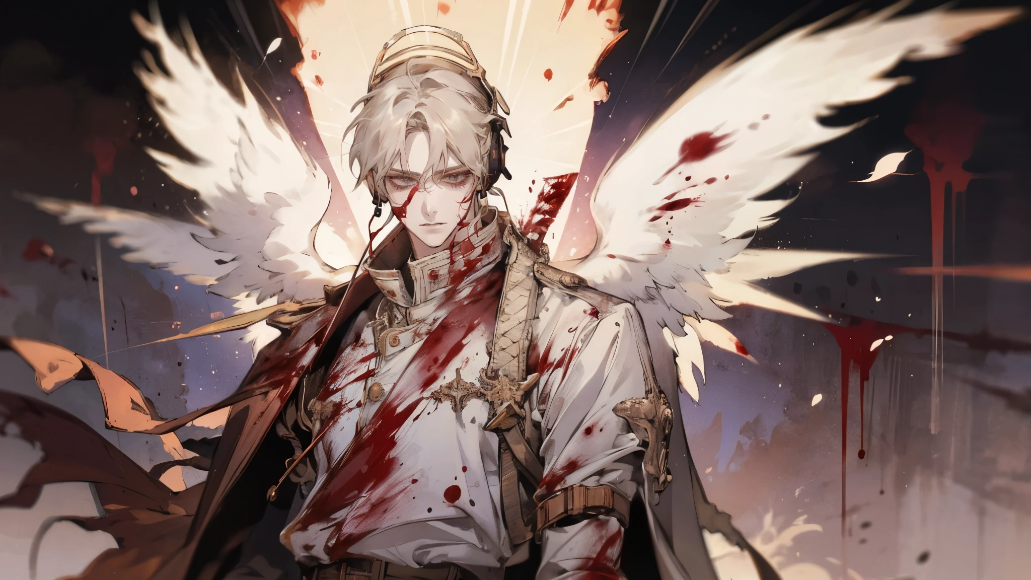 1boy, Full-length, solo, wearing headphones, he is floating, innocent, angel, halo over head, Dynamic pose, (knives in the air), (blood on wings:1.3), angelic detailed clothing, scales of justice in background, light colors