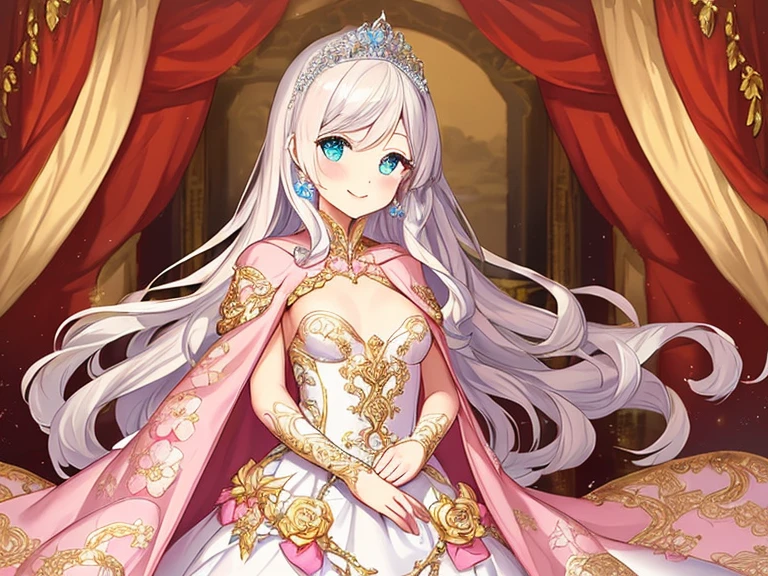 (kawaii),(best quality),(ultra detailed),(rococo style),(long train pastel pink cape:1.15), very long cape,(long train white ball gown with flower decorations:1.1), a girl is wearing a cape over her gown, 1 little princess, tiara, smile, very long hair, small breasts, beautiful detailed eyes, beautiful detailed lips, looking at viewer