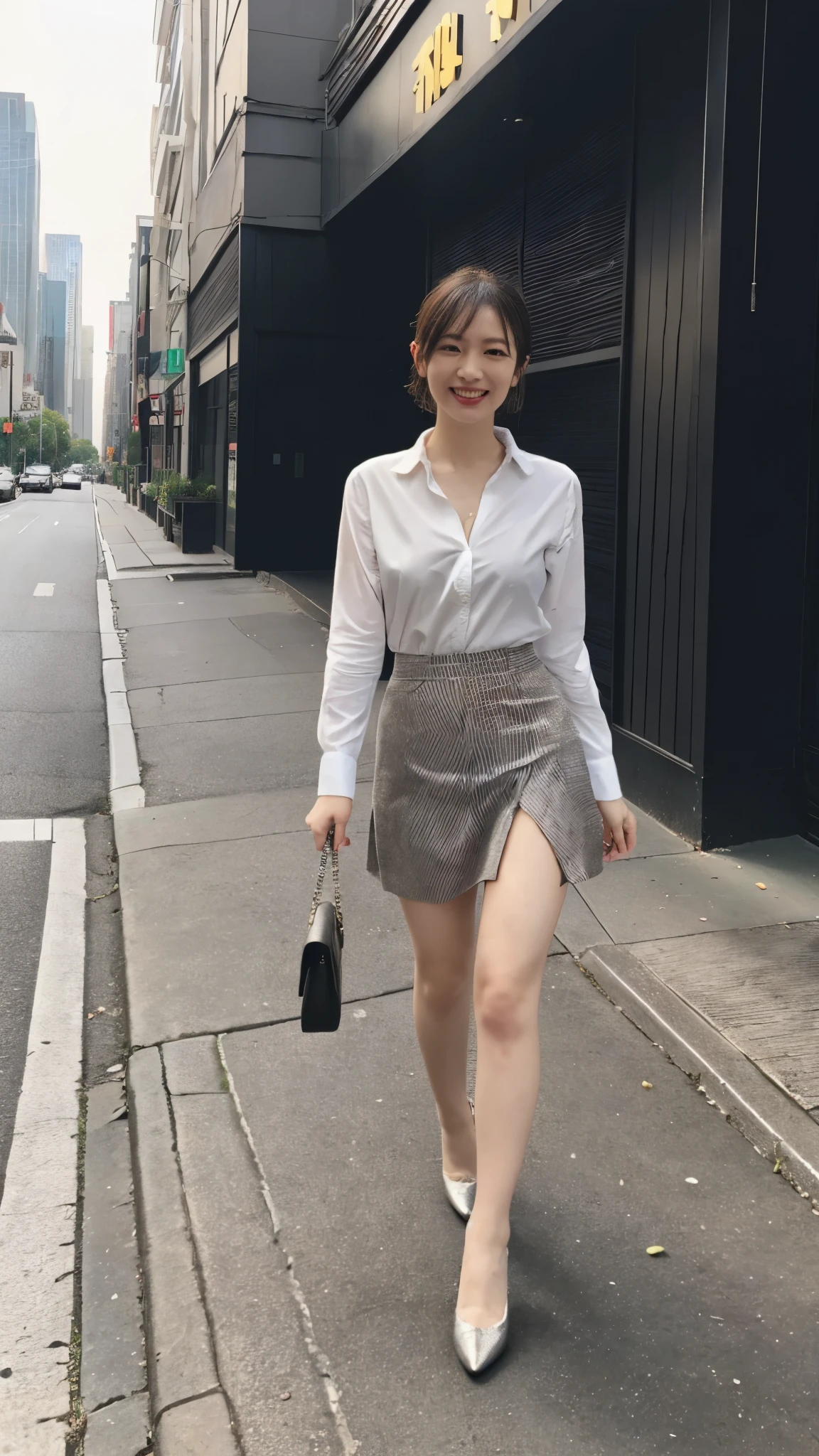 (8k, RAW Photos, highest quality, masterpiece: 1.2), (Realistic, photoRealistic: 1.37), 1 A woman wearing a suit skirt standing on the sidewalk, Cityscape, Day, Sunny Morning, Professional Lighting, Photon Mapping, Radio City, Day本人女性, shirt, The best smile:1.5,Silver Hair:1.5,