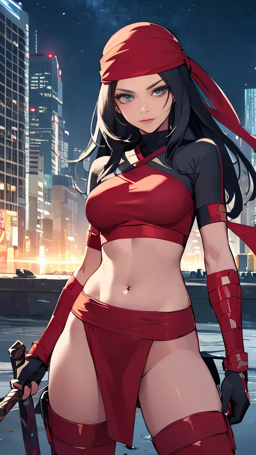 (high quality, masterpiece, detailed), night city detailed scenario, night city detailed background, One girl, Black Hair, alone, arms, bandana, Holding, sword, compensate, Two-Way, gloves, boots, Ninja, redクロップトップ, redﾌﾞﾙﾏｰ, belly button, Perfect Face, Beautiful Eyes, View your viewers, Sexy pose