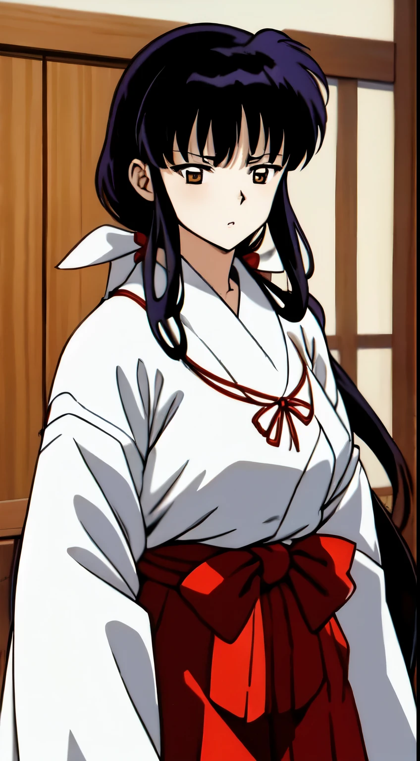 masterpiece, best quality, Anime screenshots, Close-up photo of Kikyo, 1 girl, solamexistte, permanent, Brown eyes, long hair, Red hakama and white kimono, Watching_exist_audience, Expressionless, Predominant_Body, ((Antecedexisttes del pueblo:1.0))